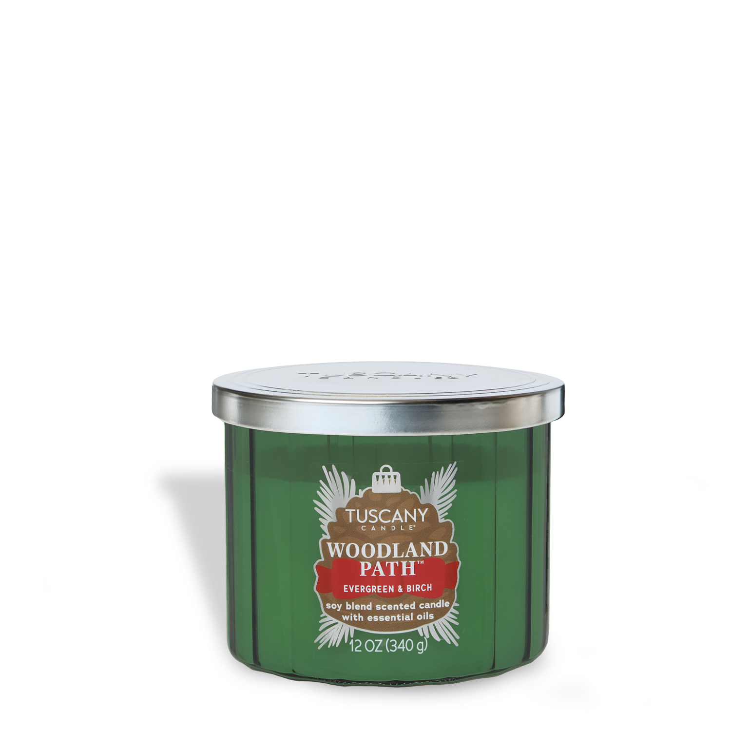 A 12 oz Tuscany Candle® SEASONAL "Woodland Path: Evergreen & Birch Scented Holiday Candle" from the Winter Icons Collection, featuring a green jar and silver lid, made with a soy blend.
