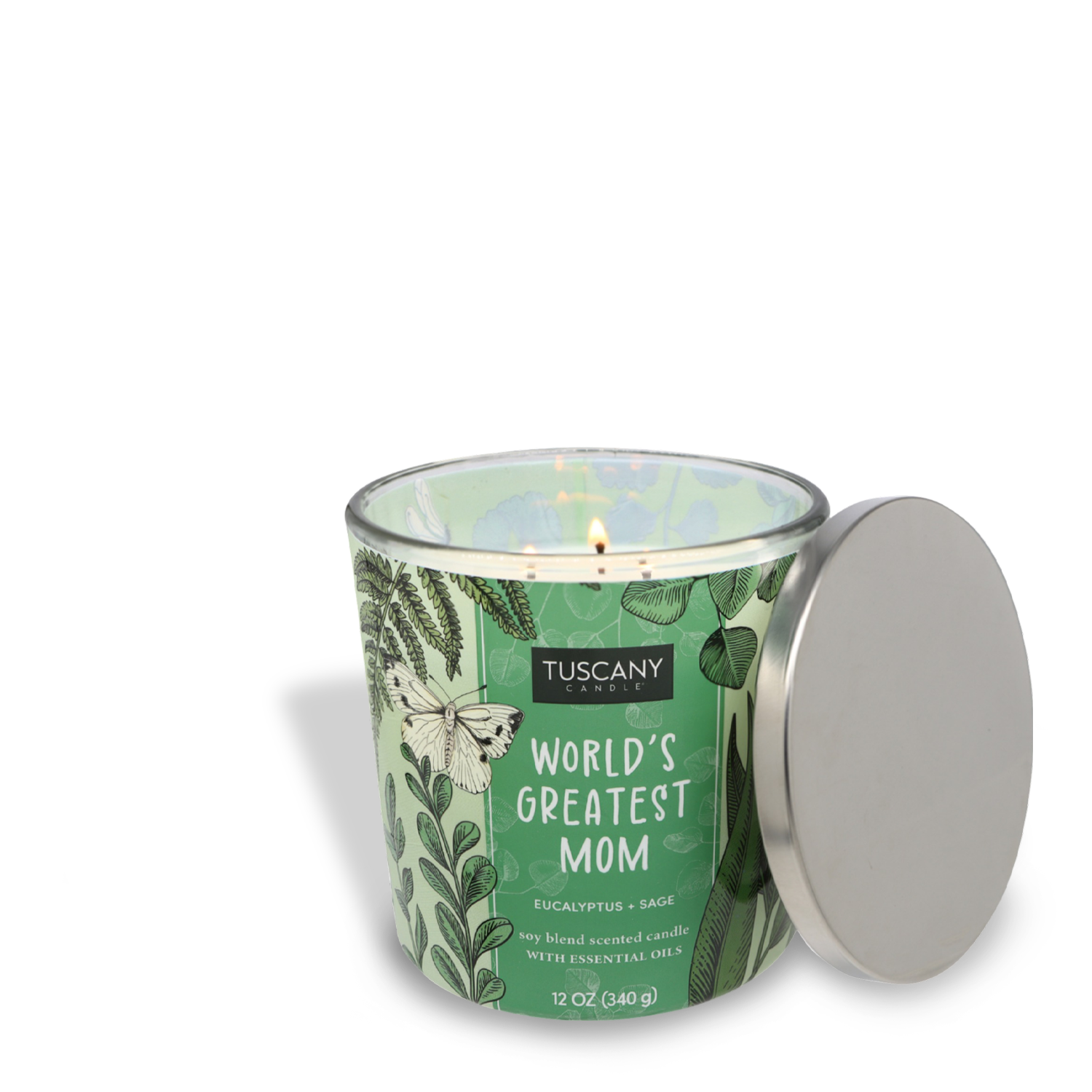 A lit Tuscany Candle® SEASONAL scented candle labeled "World's Greatest Mom (12 oz) – Mother's Day Collection" with eucalyptus and sage fragrance in a glass holder with a decorative butterfly design and a silver lid.