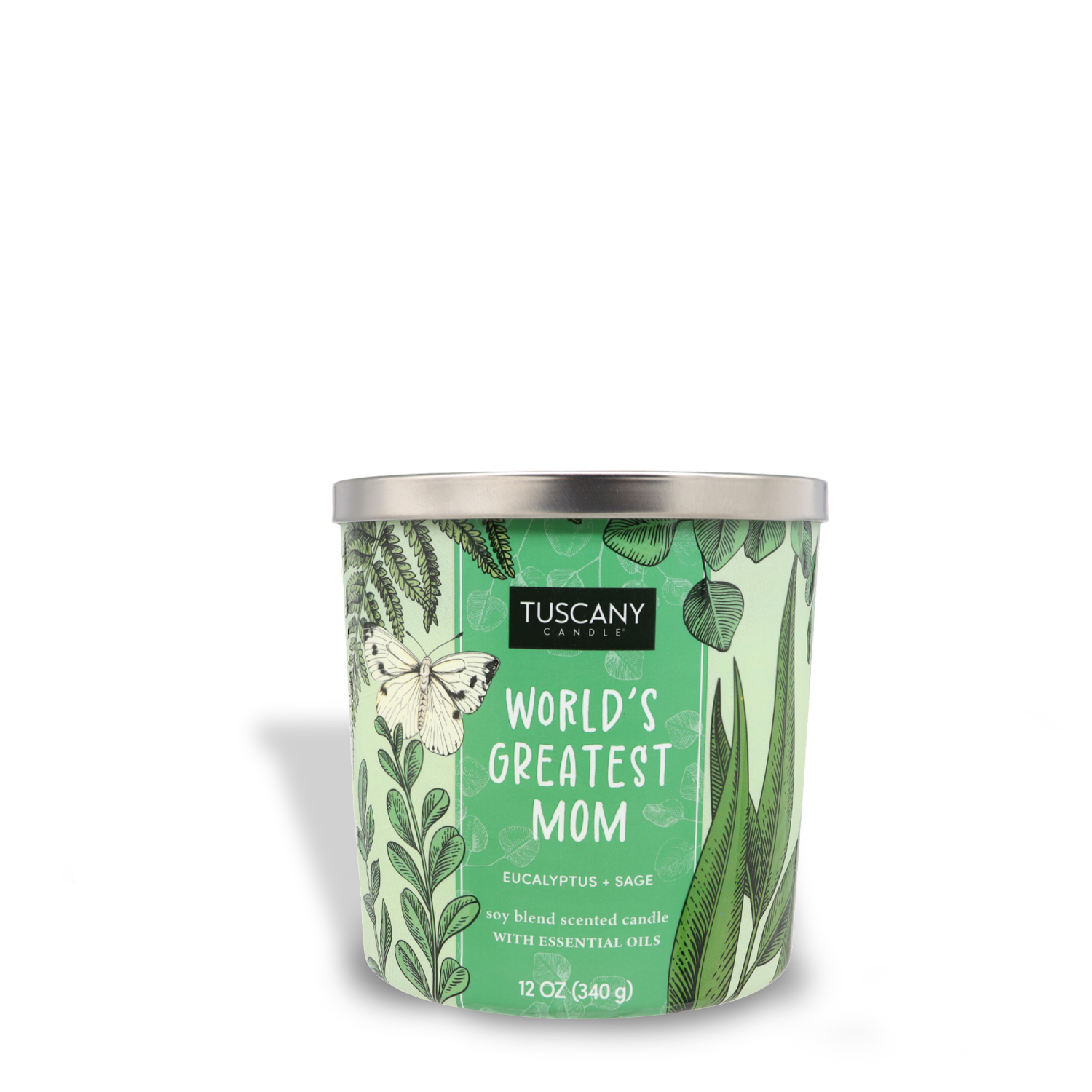 A Tuscany Candle® SEASONAL scented candle jar labeled "World's Greatest Mom (12 oz) – Mother's Day Collection" with eucalyptus and sage design on a plain white background.