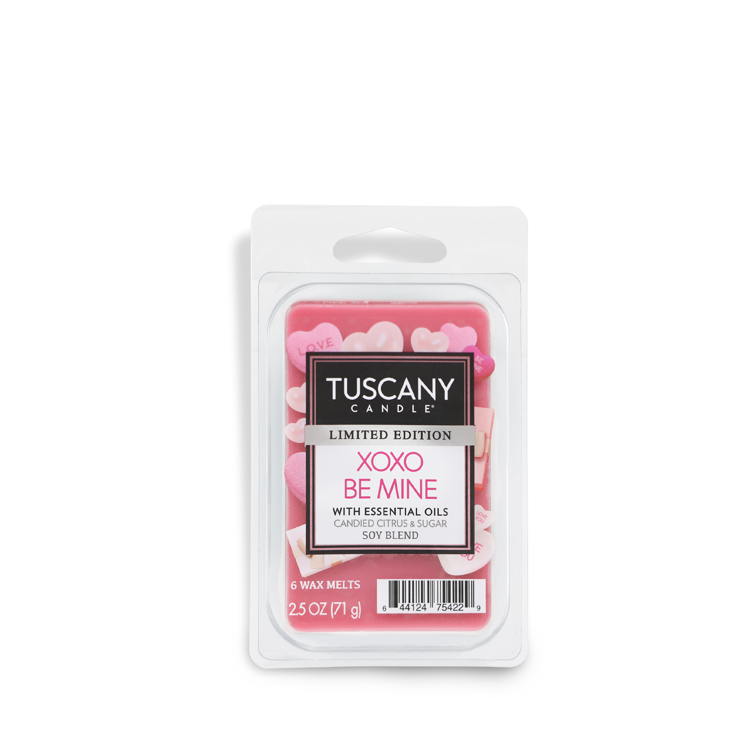 This exclusive Tuscany Candle® SEASONAL wax melt, available in the "XOXO Be Mine" citrus scent, is ideal for Valentine's Day. The pink, 2.5 oz scented wax melt contains essential oils for a delightful aroma experience.