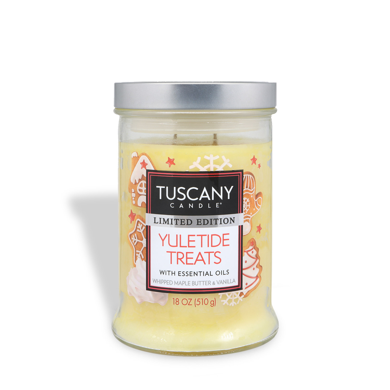An 18 oz Tuscany Candle® SEASONAL "Yuletide Treats: Whipped Maple & Vanilla" holiday candle with festive designs and a silver lid.