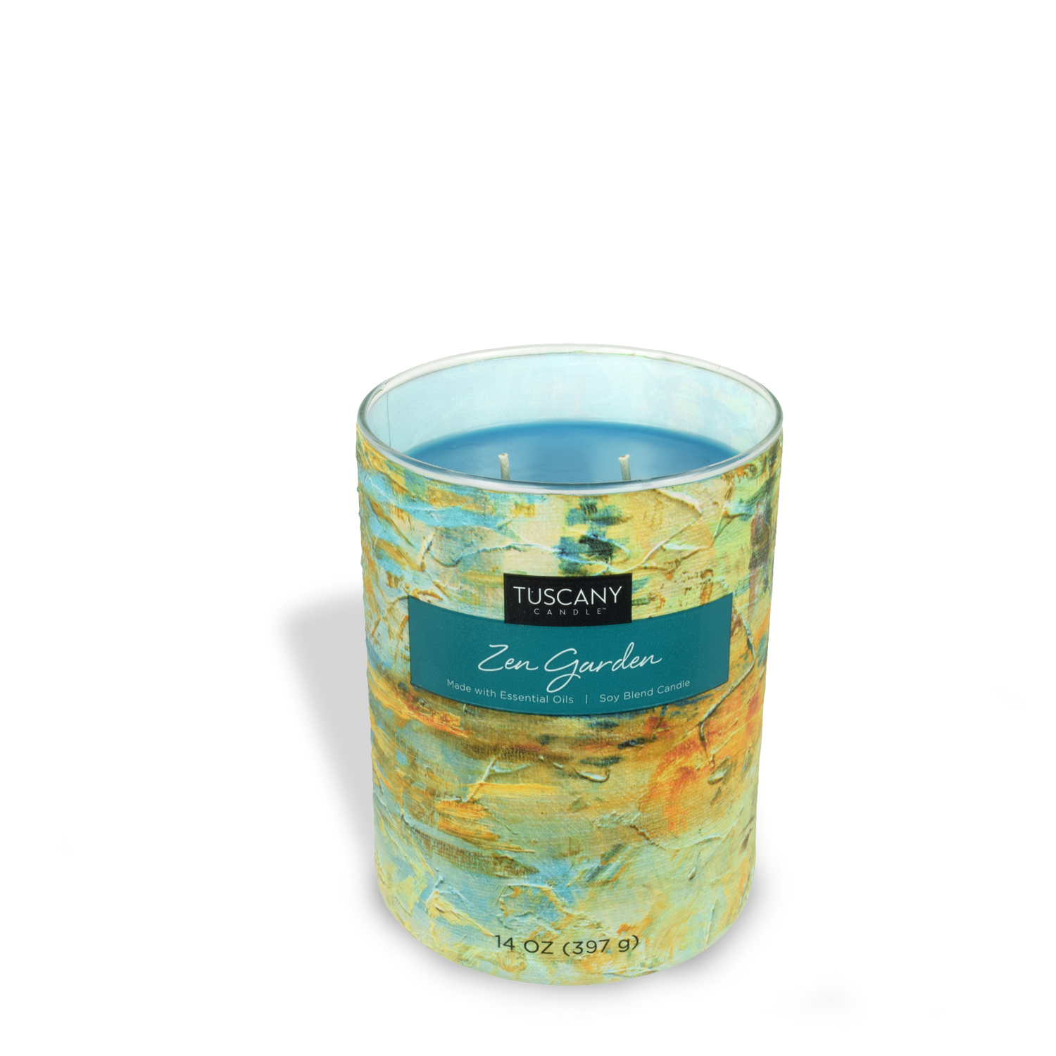 A Zen Garden Scented Jar Candle (14 oz) from the Tuscany Candle brand, with a blue and green design on it, perfect for adding to your Home Décor ambiance.