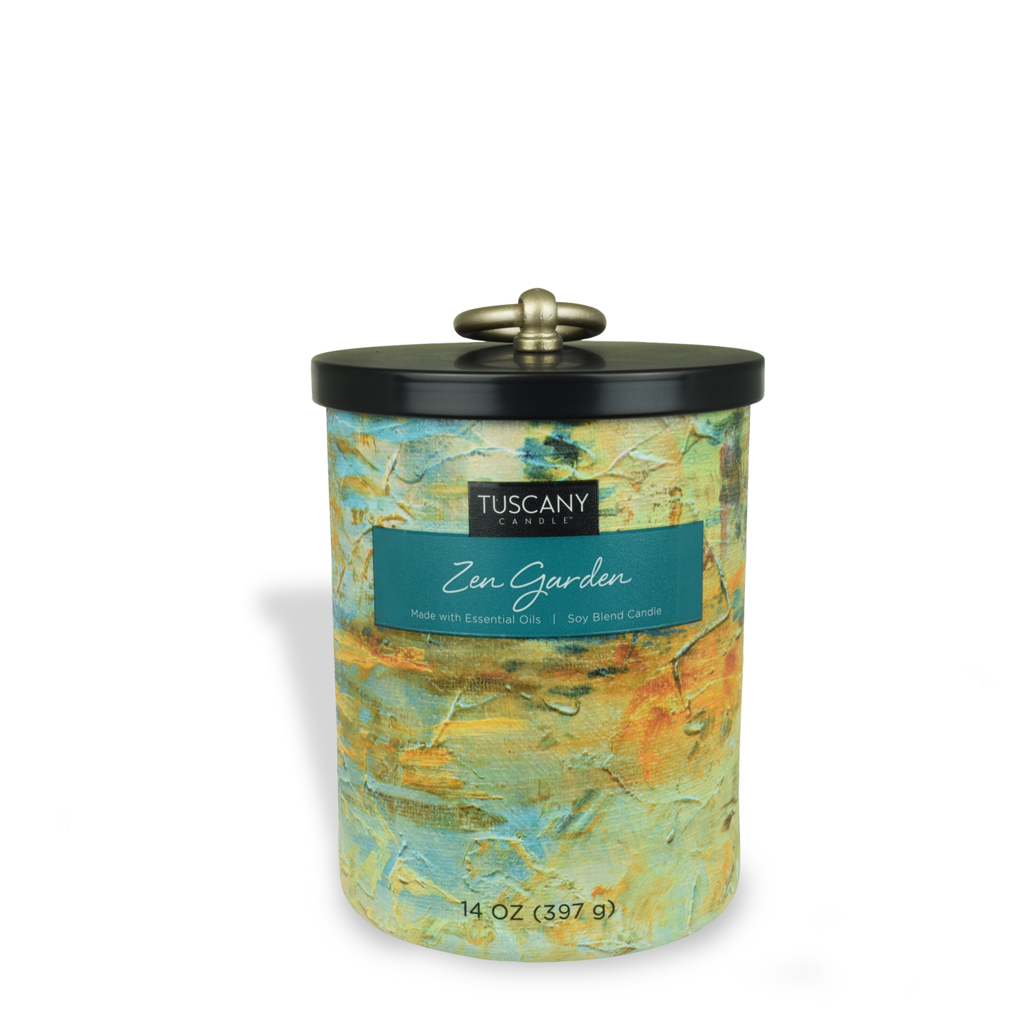 A Zen Garden scented jar candle (14 oz) in a tin, featuring the refreshing scents of Eucalyptus, Water Lotus, and Spearmint from Tuscany Candle.