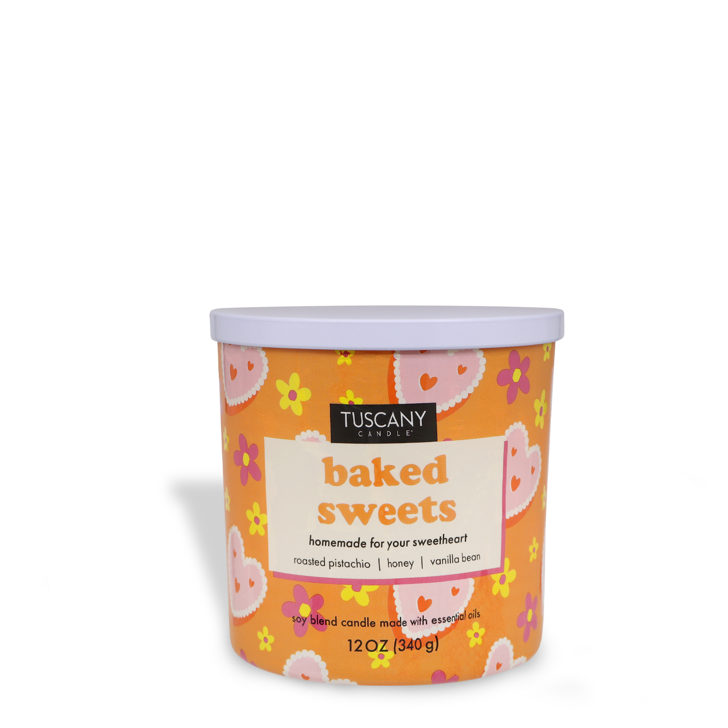 The "Baked Sweets: Pistachio & Honey Scented Valentine’s Day Candle" by Tuscany Candle® SEASONAL showcases an orange design adorned with a pastel heart pattern, making it an ideal choice for Valentine's Day. Indulge in the cozy scents of roasted pistachios, honey, and vanilla bean in this 12 oz (340 g) gem.