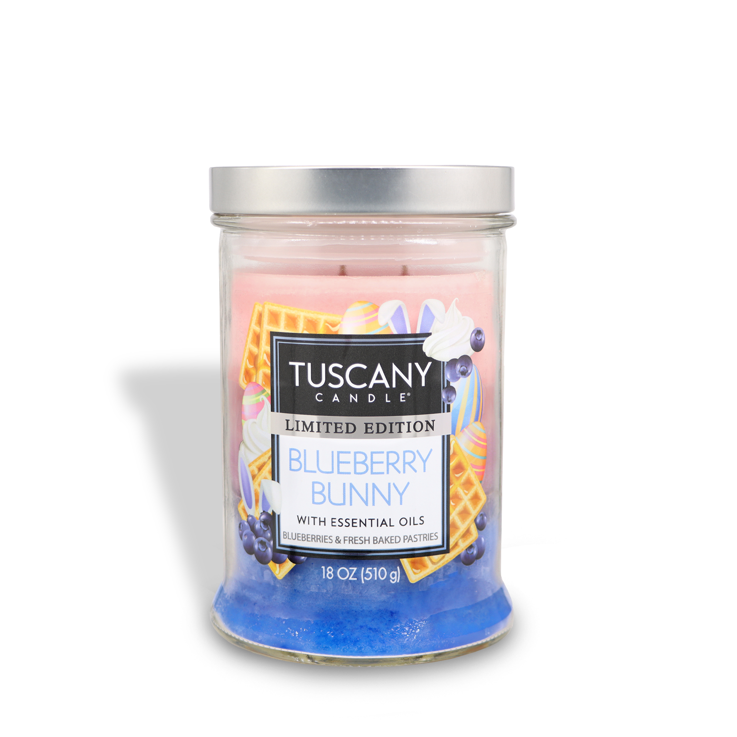 A Tuscany Candle® SEASONAL 18 oz glass jar labeled "Blueberry Bunny: Waffle Scented Easter Candle" with pink and blue wax, featuring images of blueberries and pastries.