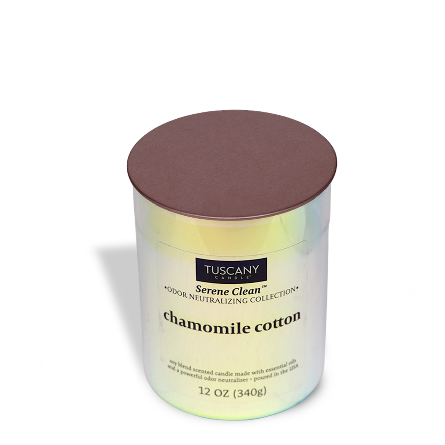 A 12 oz Chamomile Cotton Scented Jar Candle from the Tuscany Candle® EVD Serene Clean Collection, featuring a brown lid.