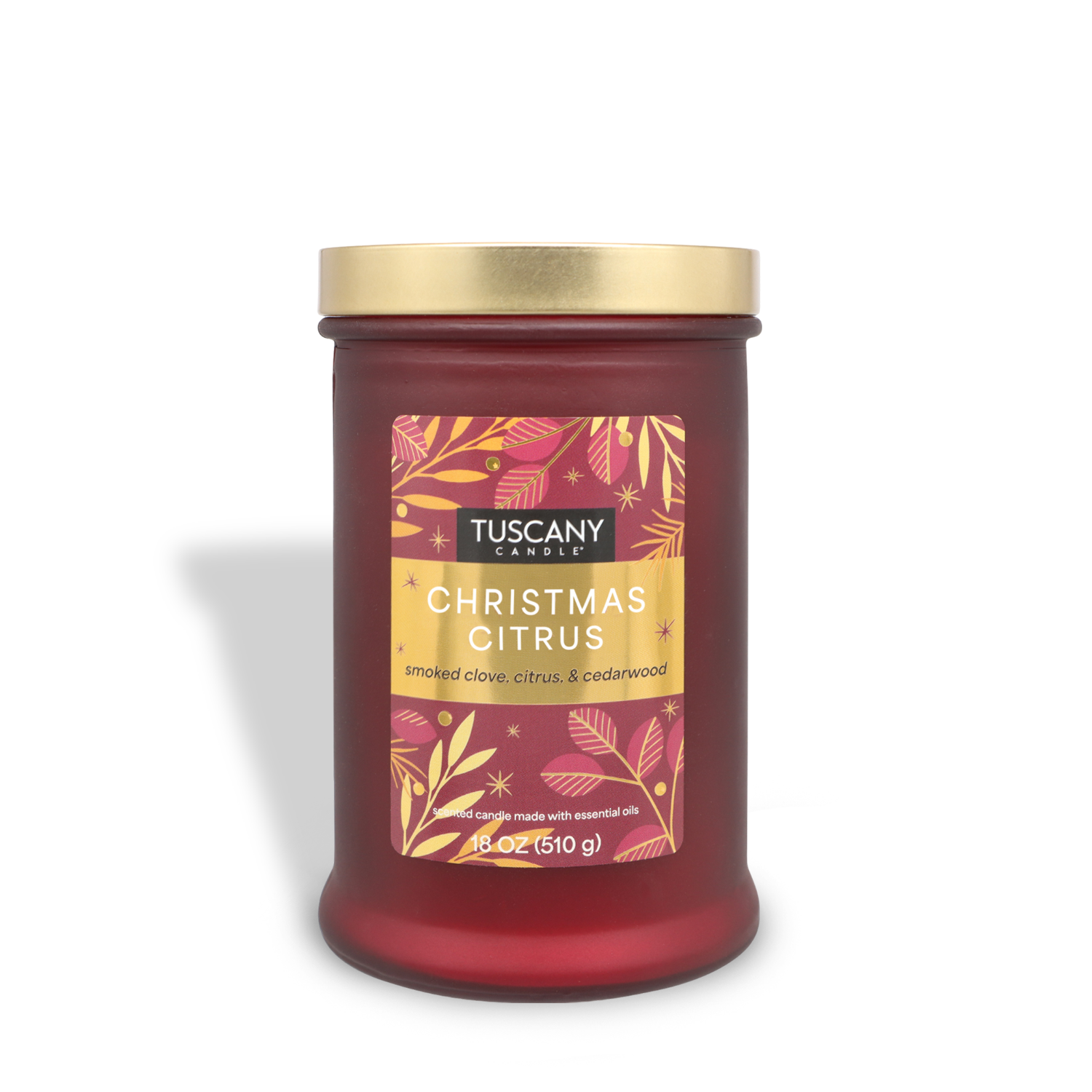 A red candle jar from Tuscany Candle® SEASONAL featuring the scent "Christmas Citrus," complete with a gold lid, and infused with notes of smoked clove, citrus, and cedarwood. This is an 18 oz scented jar candle.