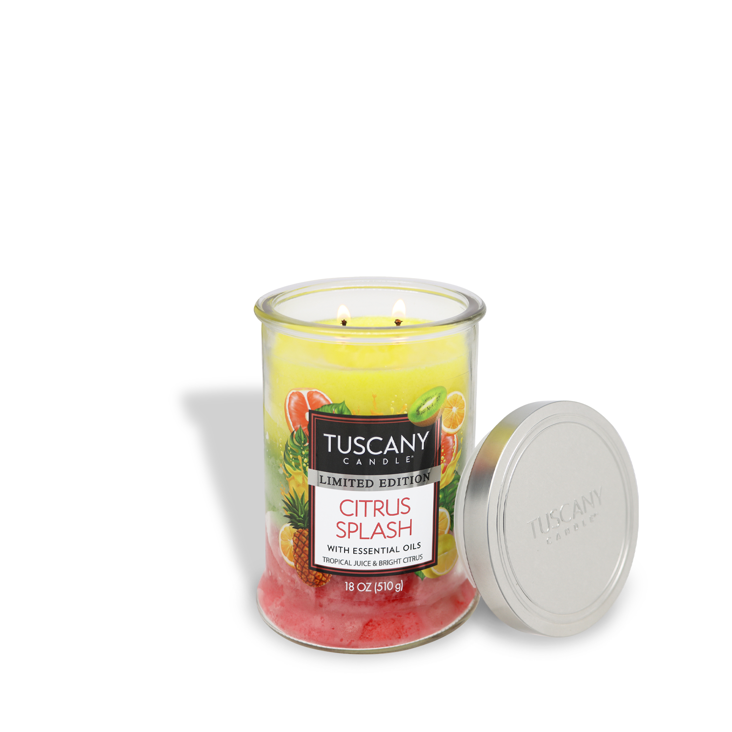 A glass jar candle labeled "Citrus Splash: Tropical Scented Spring Candle (18 oz)" from Tuscany Candle® SEASONAL features essential oils, red and yellow layers, with a silver lid beside it.