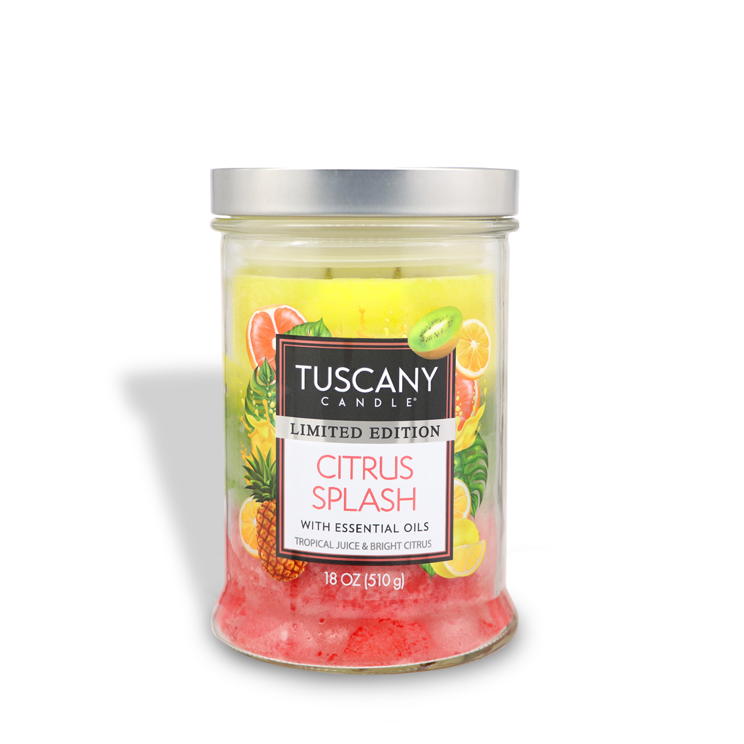 A Tuscany Candle® SEASONAL glass jar contains an 18 oz Tropical Scented Spring Candle, "Citrus Splash," with yellow and red wax and citrus fruit images.