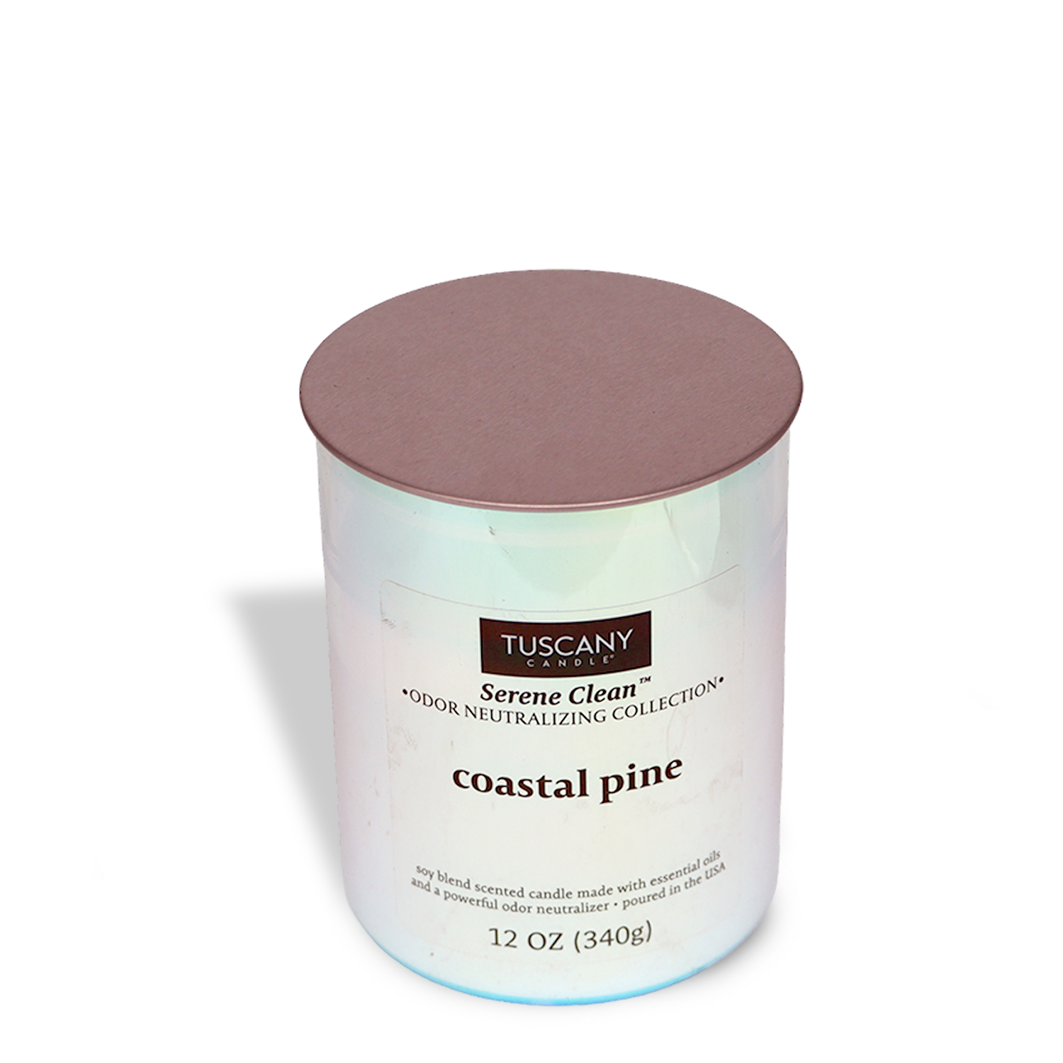 A 12 oz Coastal Pine Scented Jar Candle from the Serene Clean Collection by Tuscany Candle® EVD, designed for superior odor control with a brown lid.