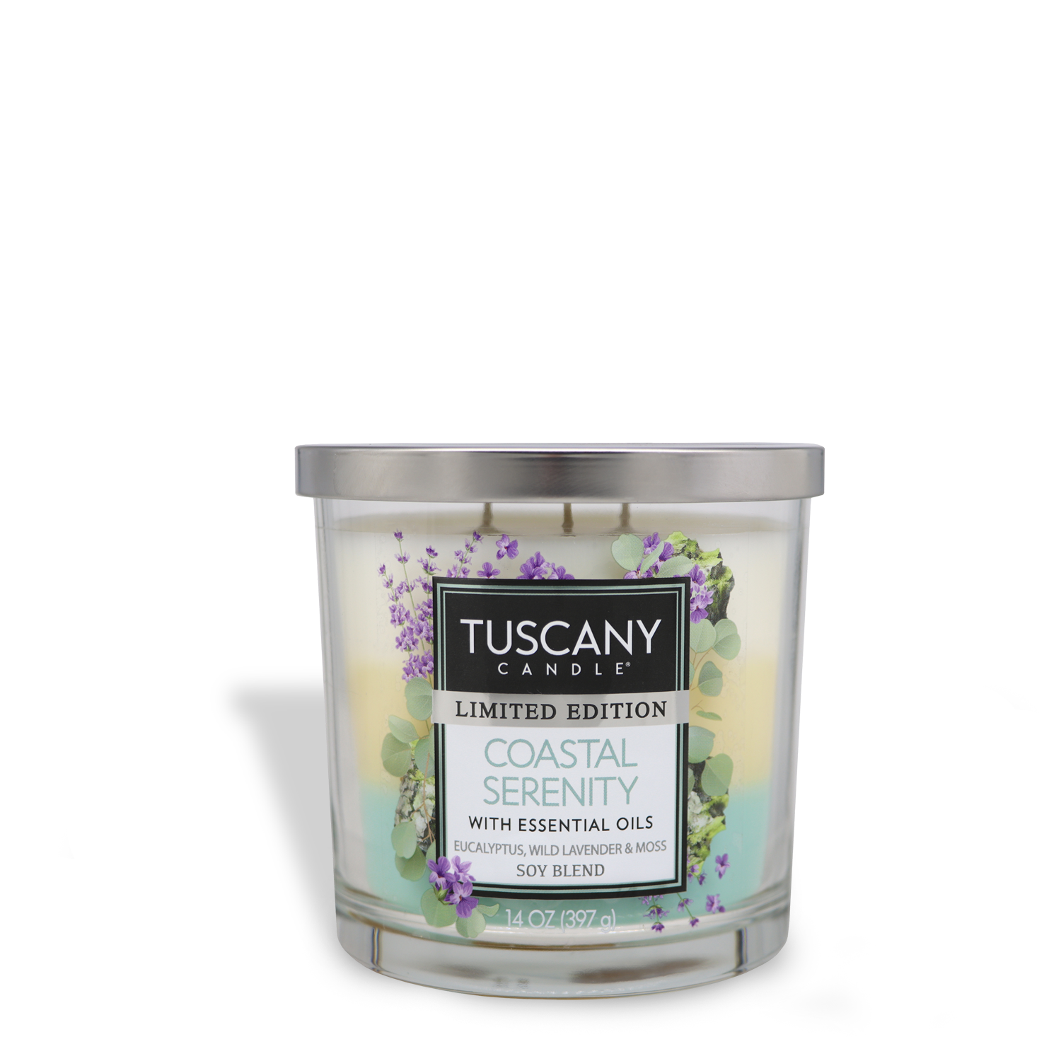 The Tuscany Candle® SEASONAL Coastal Serenity: Eucalyptus Scented Spring Candle is a limited edition with eucalyptus, wild lavender, and moss essential oils. It comes in a 14 oz soy blend with three wicks.