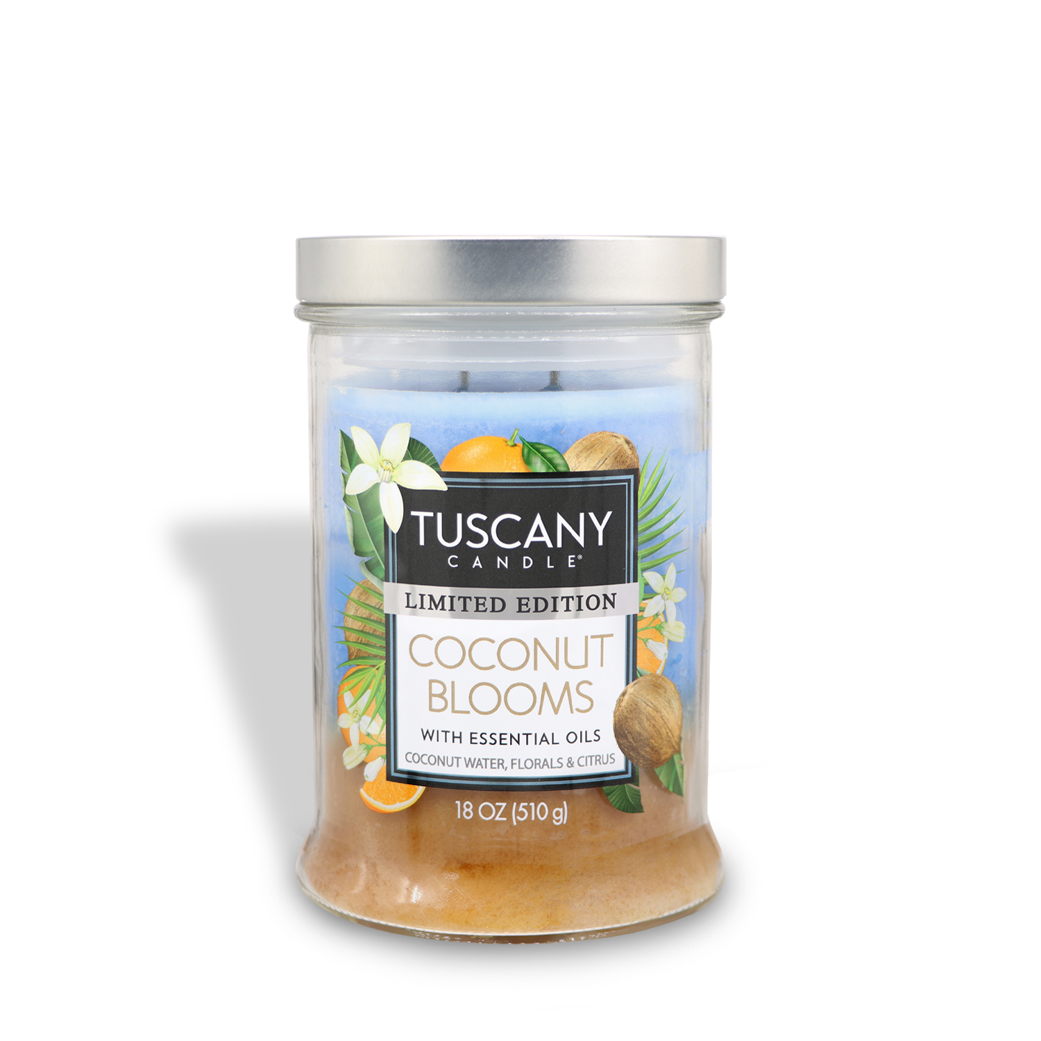 An 18 oz Tuscany Candle® SEASONAL jar labeled "Coconut Blooms: Tropical Scented Spring" features coconuts, flowers, and citrus imagery.