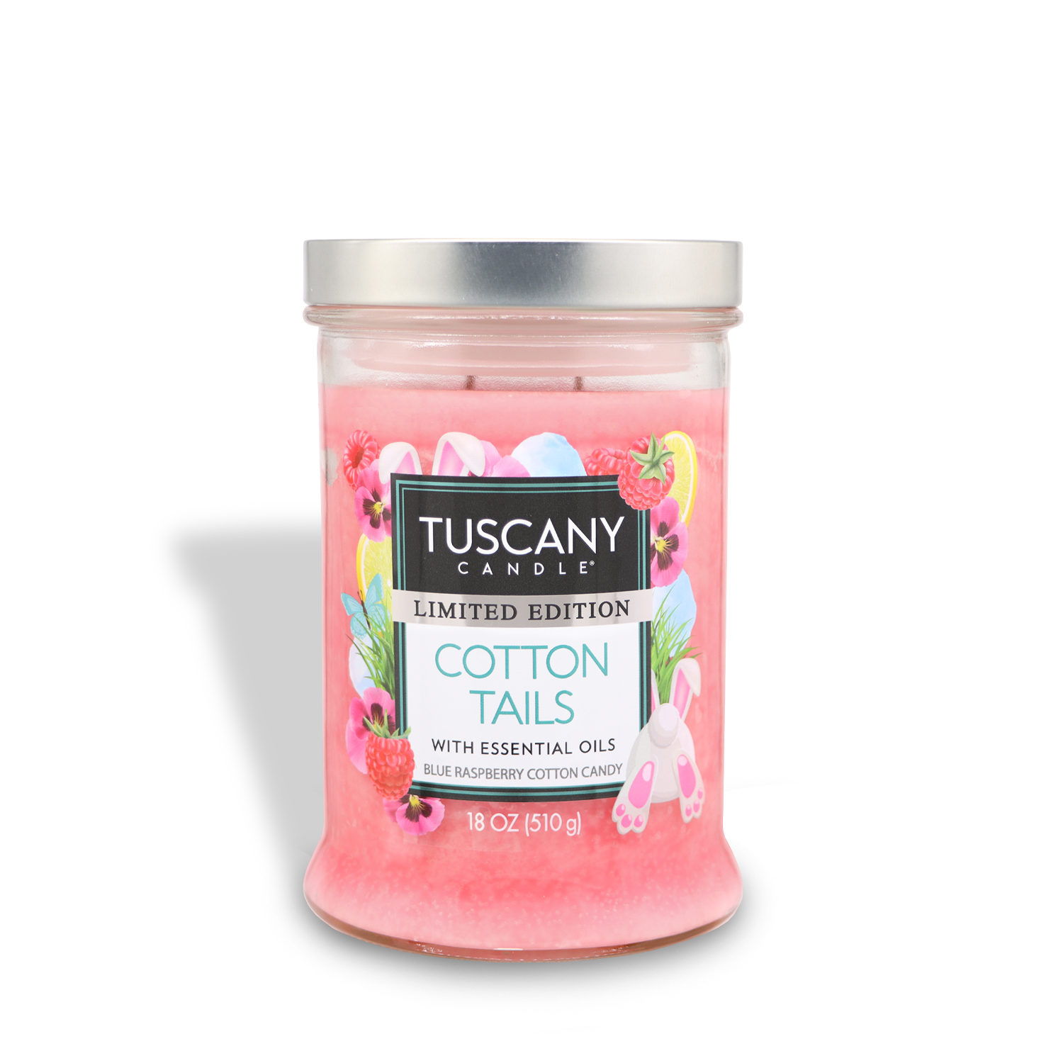 A Tuscany Candle® SEASONAL jar in "Cotton Tails" features pink wax and a raspberry scent with colorful berry and cotton candy graphics on the label (18 oz).