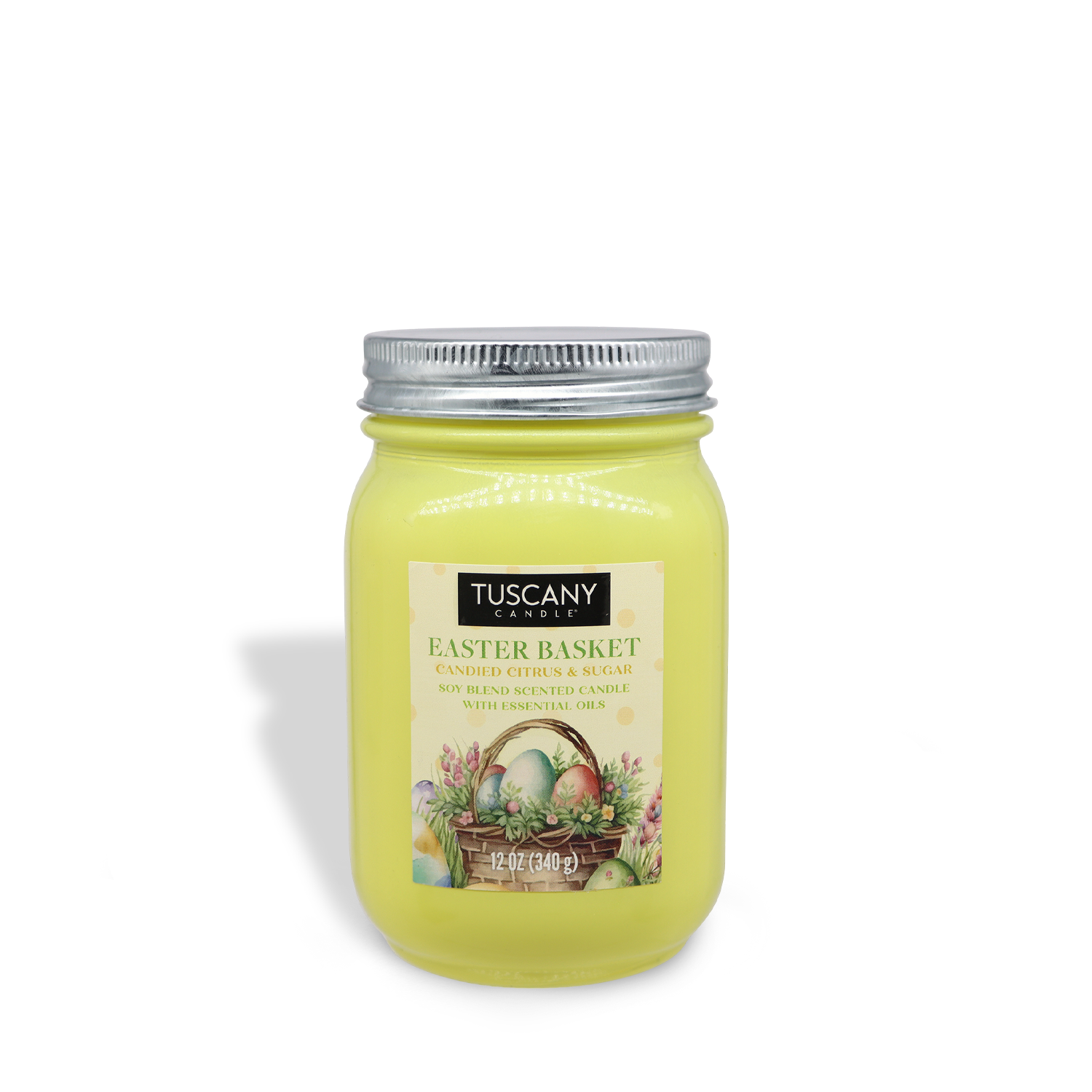 Yellow jar candle with metal lid titled "Tuscany Candle® SEASONAL, Easter Basket: Candy Scented Easter Candle (12 oz)," highlighted by an Easter-themed illustration.