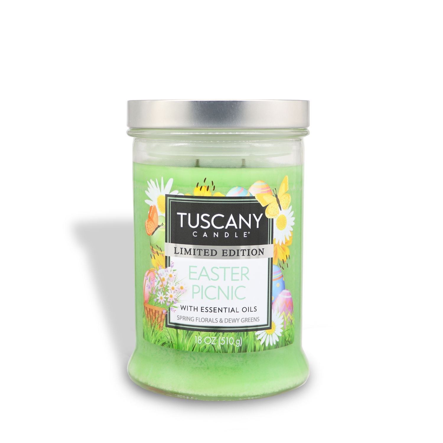 A Tuscany Candle® SEASONAL green jar with a silver lid, labeled "Easter Picnic," features spring floral and Easter egg designs. It contains an 18 oz (510g) peony-scented limited edition candle.