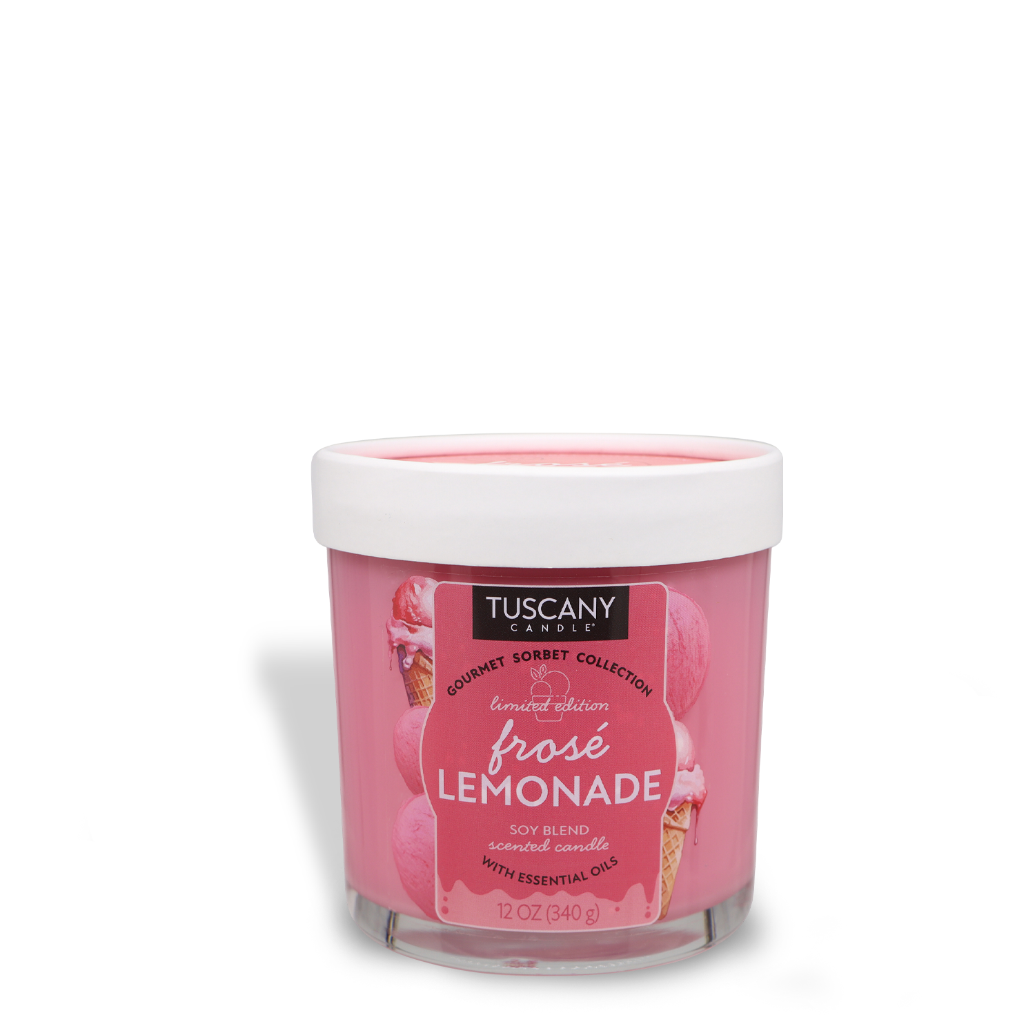 The Tuscany Candle® SEASONAL Frosé Lemonade: Tart Citrus Scented Candle (12 oz) from the Gourmet Sorbet Collection comes in a clear glass jar with a white lid—perfect for summer with its bright, fruity fragrance.