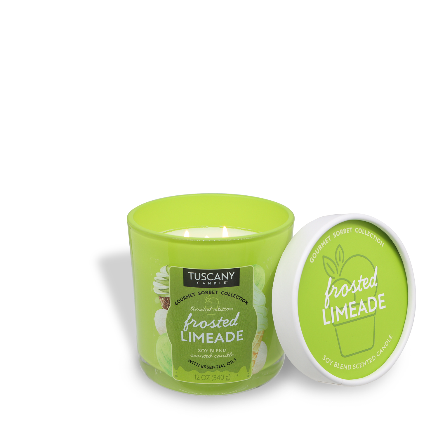 A 12 oz Tuscany Candle® SEASONAL "Frosted Limeade: Lemon & Lime Scented Candle" from the Gourmet Sorbet Collection, shown with the lid off and double wick inside, offers a refreshing citrus aroma.