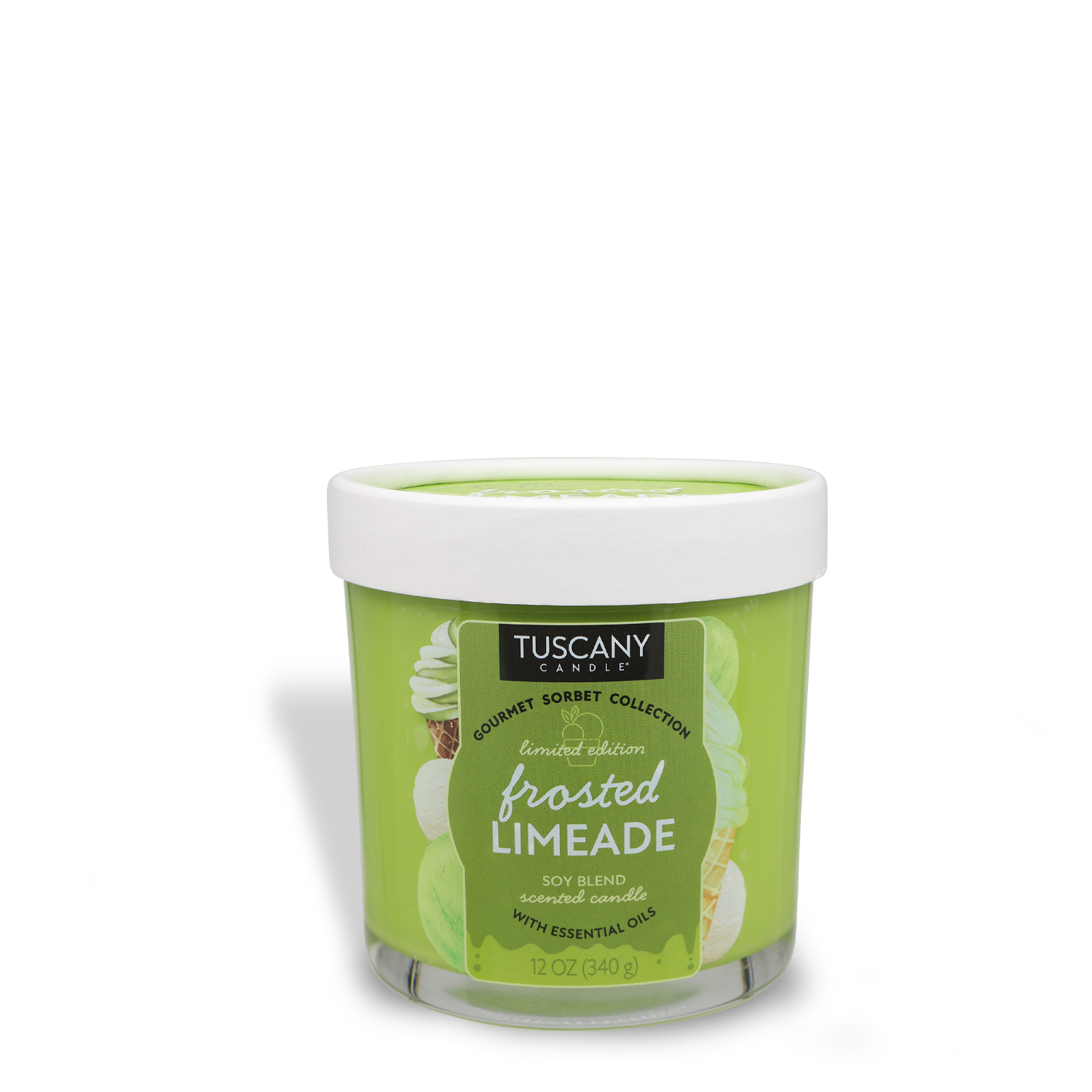 Tuscany Candle® SEASONAL's Frosted Limeade: Lemon & Lime Scented Candle (12 oz) from the Gourmet Sorbet Collection offers a vibrant citrus aroma in a refreshing soy blend with a white lid, perfect for brightening any space.