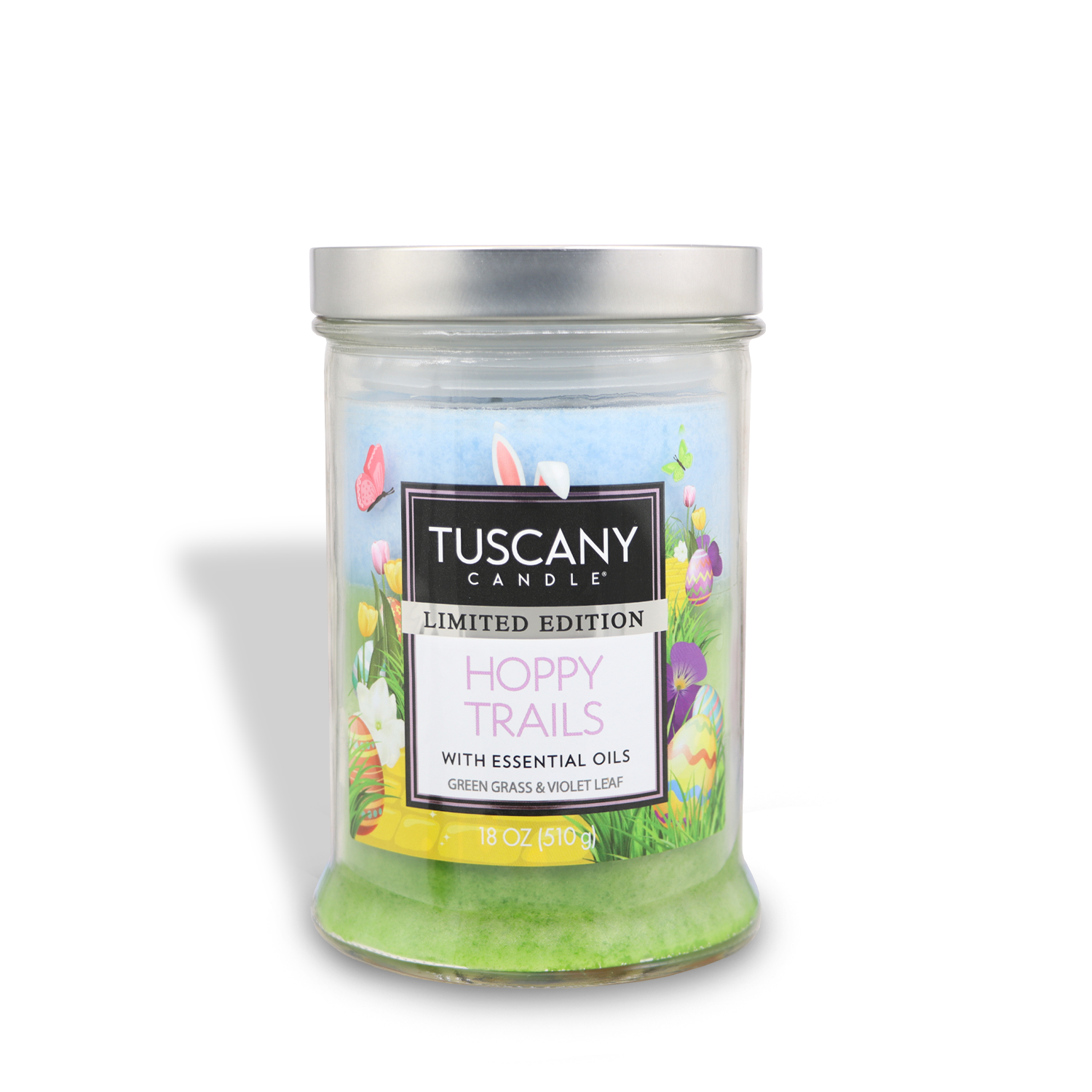 Tuscany Candle® SEASONAL offers an 18 oz "Hoppy Trails: Grass & Violet Scented Easter Candle" featuring essential oils, a spring design, and green wax.