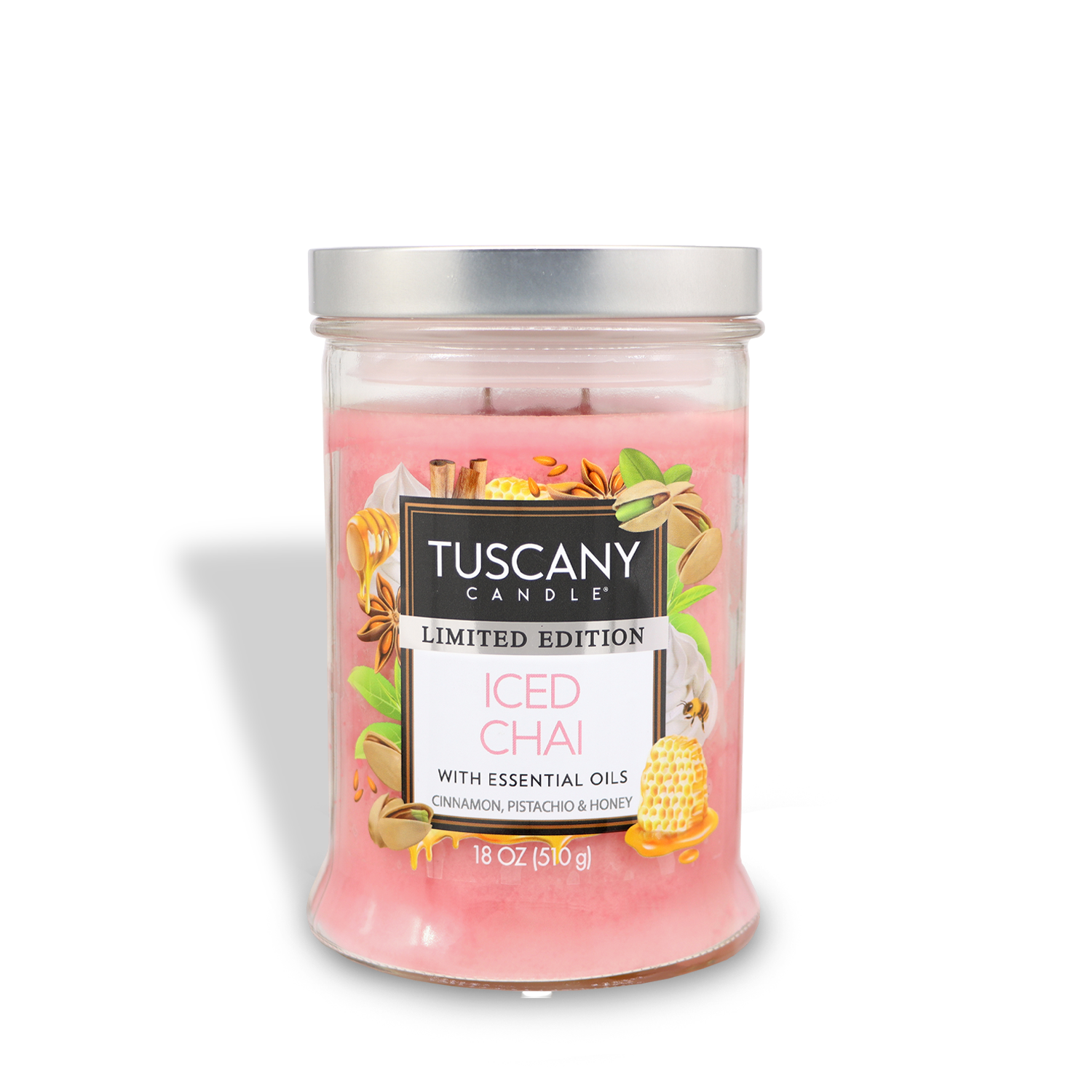 18 oz glass jar candle by Tuscany Candle® SEASONAL named "Iced Chai: Cardamom & Honey Scented Spring Candle" features pink wax with spice and honey illustrations on the label.