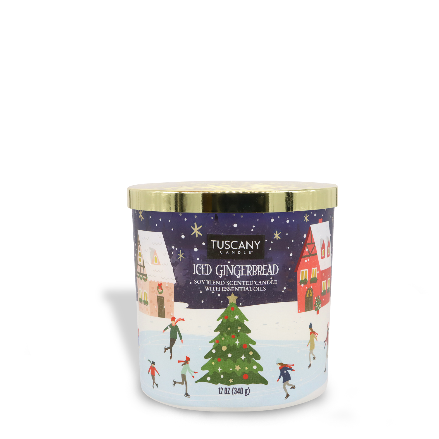 A Tuscany Candle® SEASONAL 12 oz scented soy blend jar candle with a gold lid featuring the "Iced Gingerbread" scent. The label displays a festive holiday scene with a Christmas tree, houses, and ice skaters.