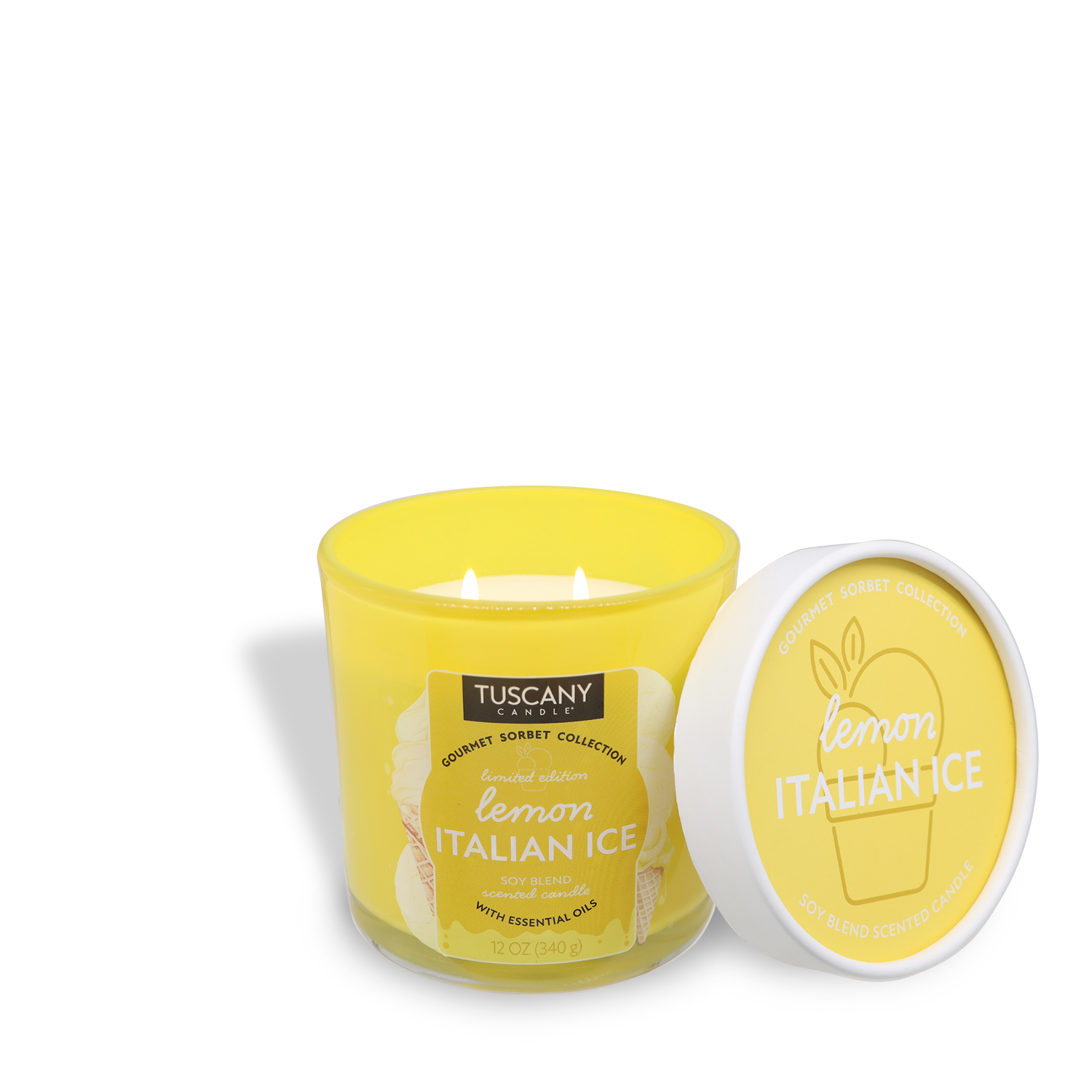 Tuscany Candle® SEASONAL Lemon Italian Ice: Citron & Vanilla Scented Candle (12 oz), from the Gourmet Sorbet Collection, features two wicks, a bright lemon graphic on the lid beside it, and is perfect for summer.