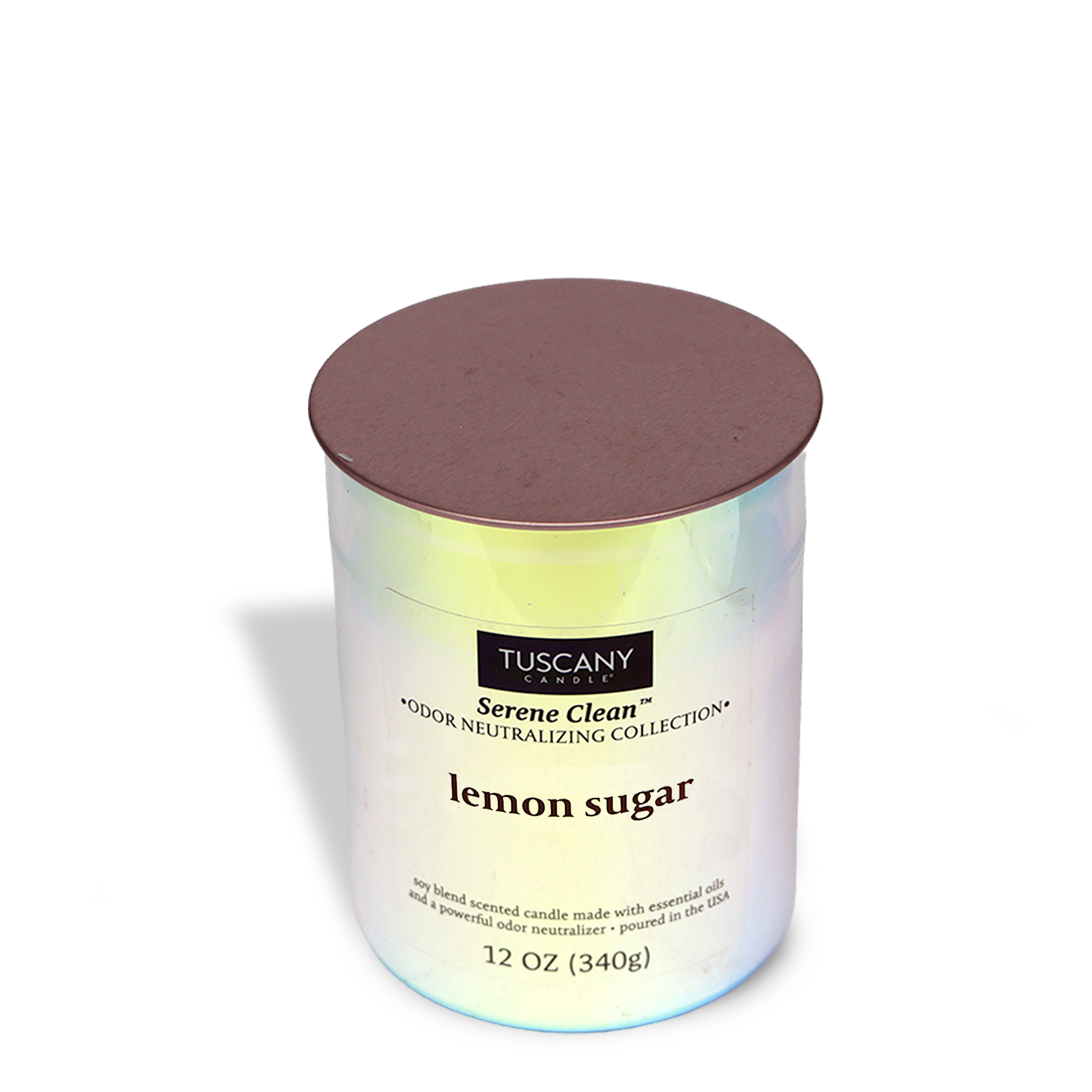 The 12 oz Lemon Sugar Scented Jar Candle from the Serene Clean Collection by Tuscany Candle® EVD, featuring a brown lid, is the ideal choice for creating a refreshing atmosphere and controlling odors.