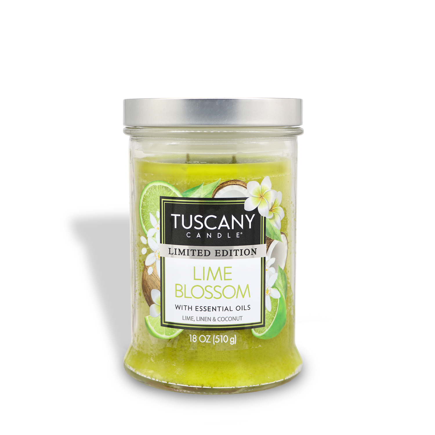 The Tuscany Candle® SEASONAL Spring Candle, labeled "Lime Blossom: Linen Scented," features lime, linen, and coconut scents in a 18 oz glass jar with a silver lid.