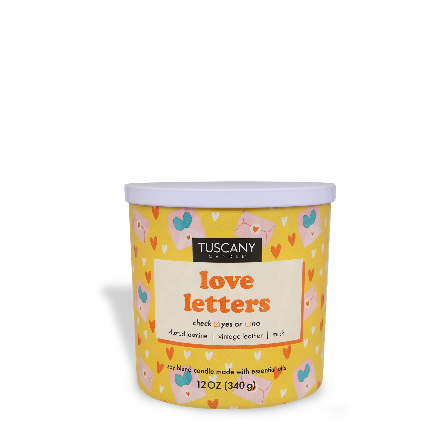 A Tuscany Candle® SEASONAL product, the "Love Letters: Jasmine & Leather Scented Valentine's Day Candle," features a colorful heart and envelope design on its container. This romantic 12 oz soy blend candle offers a timeless aroma, blending notes of dusted jasmine, vintage leather, and musk, evoking classic love stories with every glow.