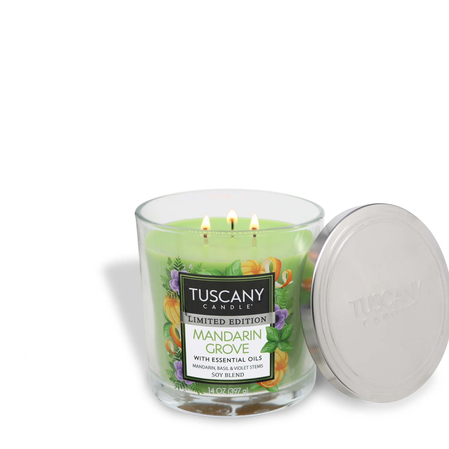 A 14 oz green glass jar candle with metal lid by Tuscany Candle® SEASONAL, scented in Mandarin Grove: Citrus & Basil.