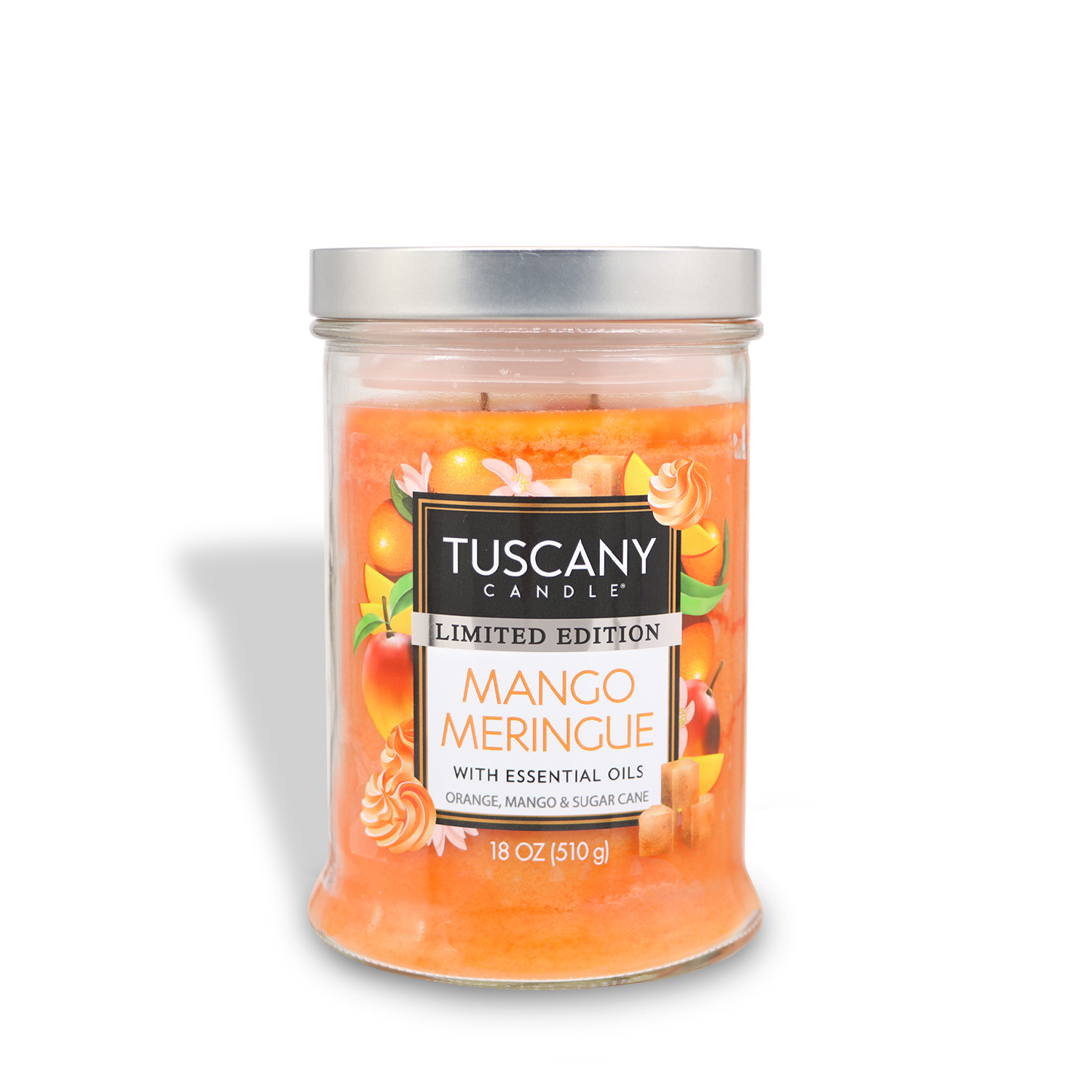 A Tuscany Candle® SEASONAL jar, "Mango Meringue: Sweet Orange Scented Spring Candle," with essential oils and scents of orange, mango, and sugar cane, 18 oz.