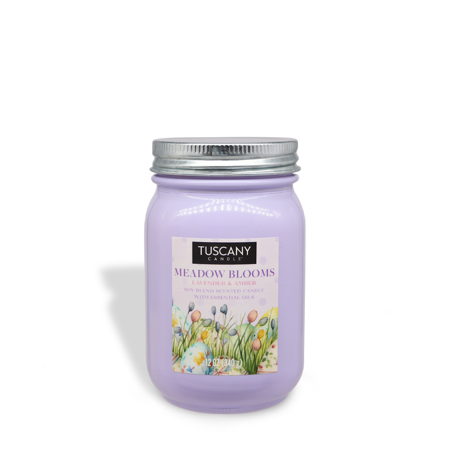 The Tuscany Candle® SEASONAL's "Meadow Blooms" Lavender Scented Easter Candle (12 oz) comes with a floral design and silver metal lid.