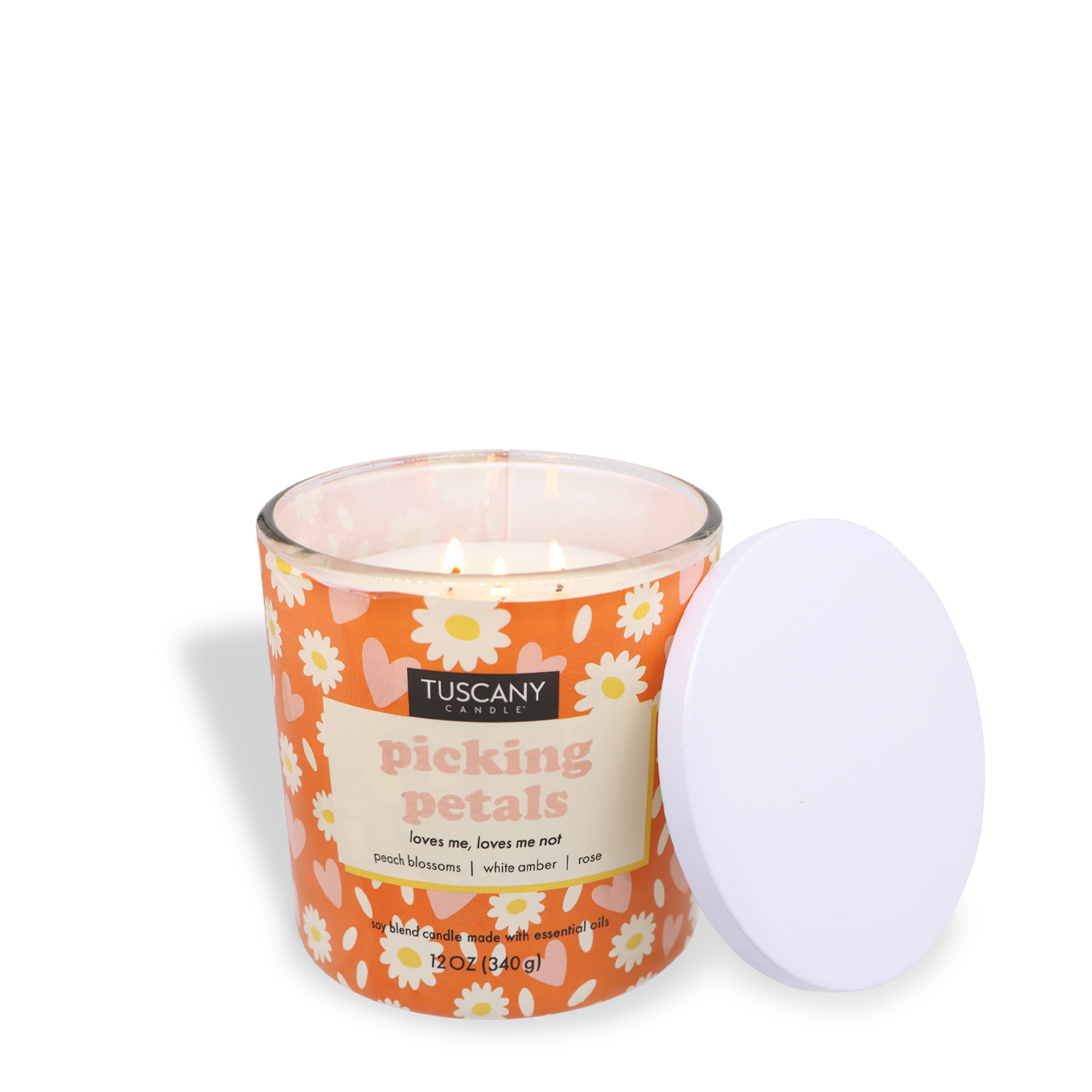 The "Picking Petals" Rose Scented Valentine's Day Candle (12 oz) by Tuscany Candle® SEASONAL showcases a romantic floral design, ideal for Valentine’s Day when you remove the lid and light the wicks.