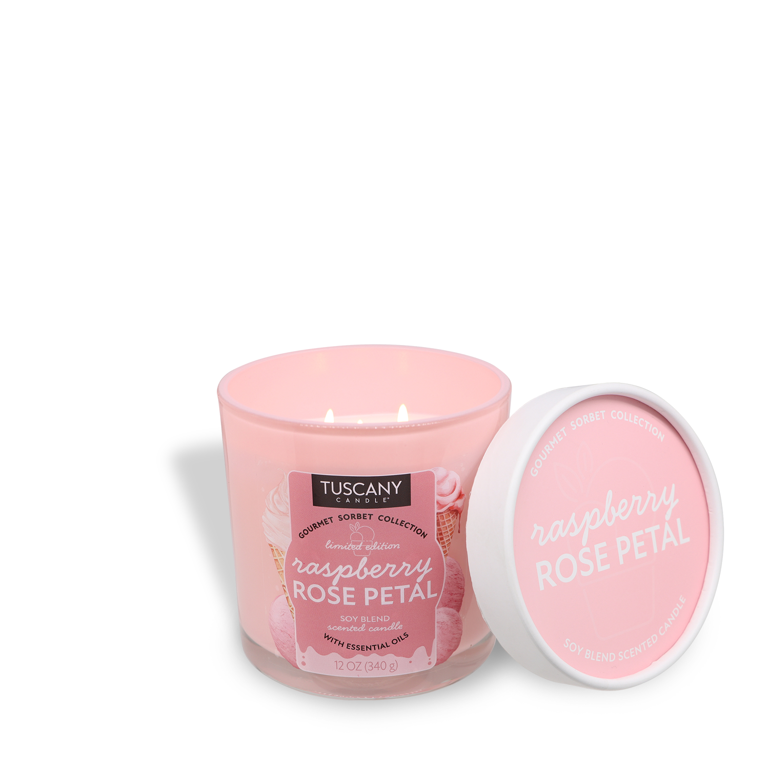 A 12 oz Tuscany Candle® SEASONAL "Raspberry Rose Petal: Passionflower" soy blend candle from the Gourmet Sorbet Collection, with two wicks and matching lid—ideal for bringing a summery feel to any space.