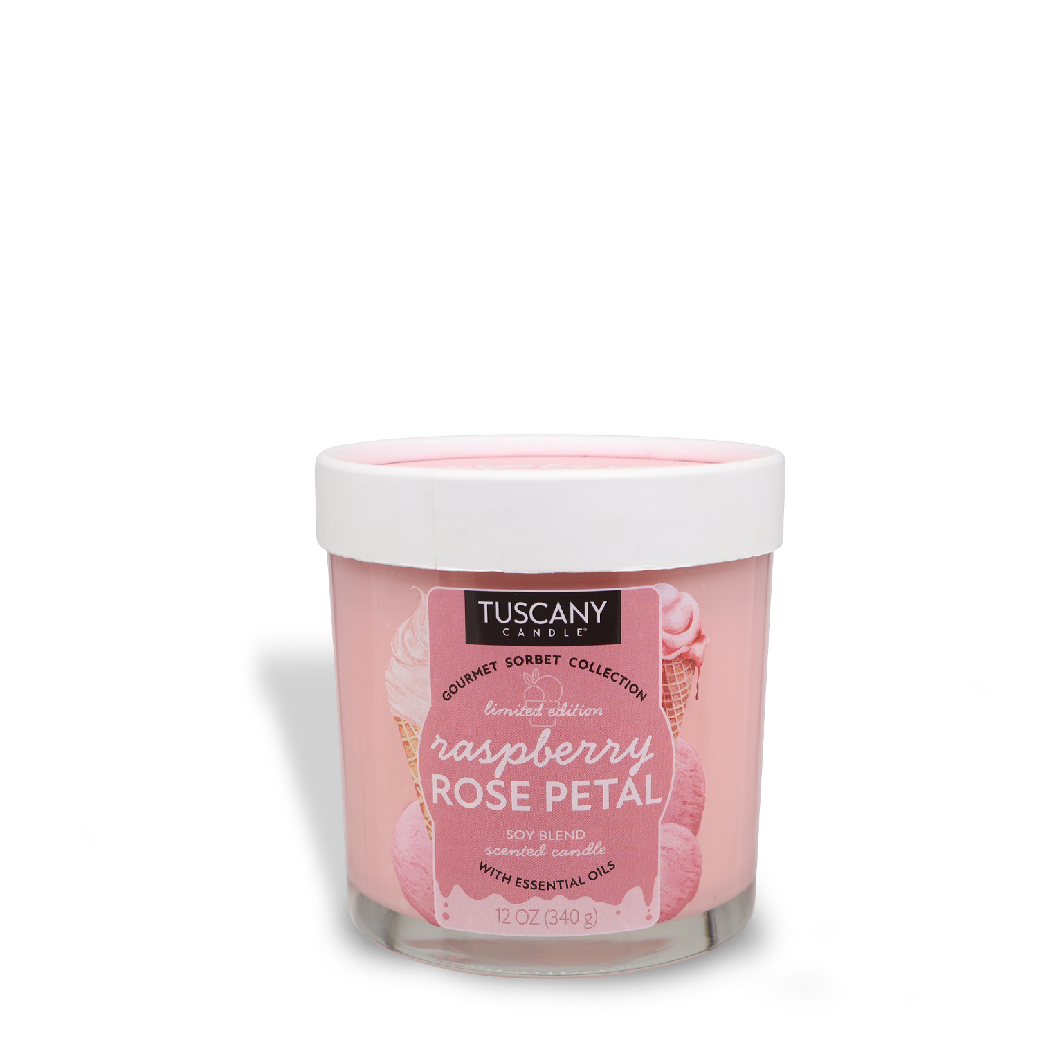 The Tuscany Candle® SEASONAL Raspberry Rose Petal: Passionflower Scented Candle (12 oz) from the Gourmet Sorbet Collection is a perfect summer choice in a clear glass jar with white lid, ideal for brightening up any space.