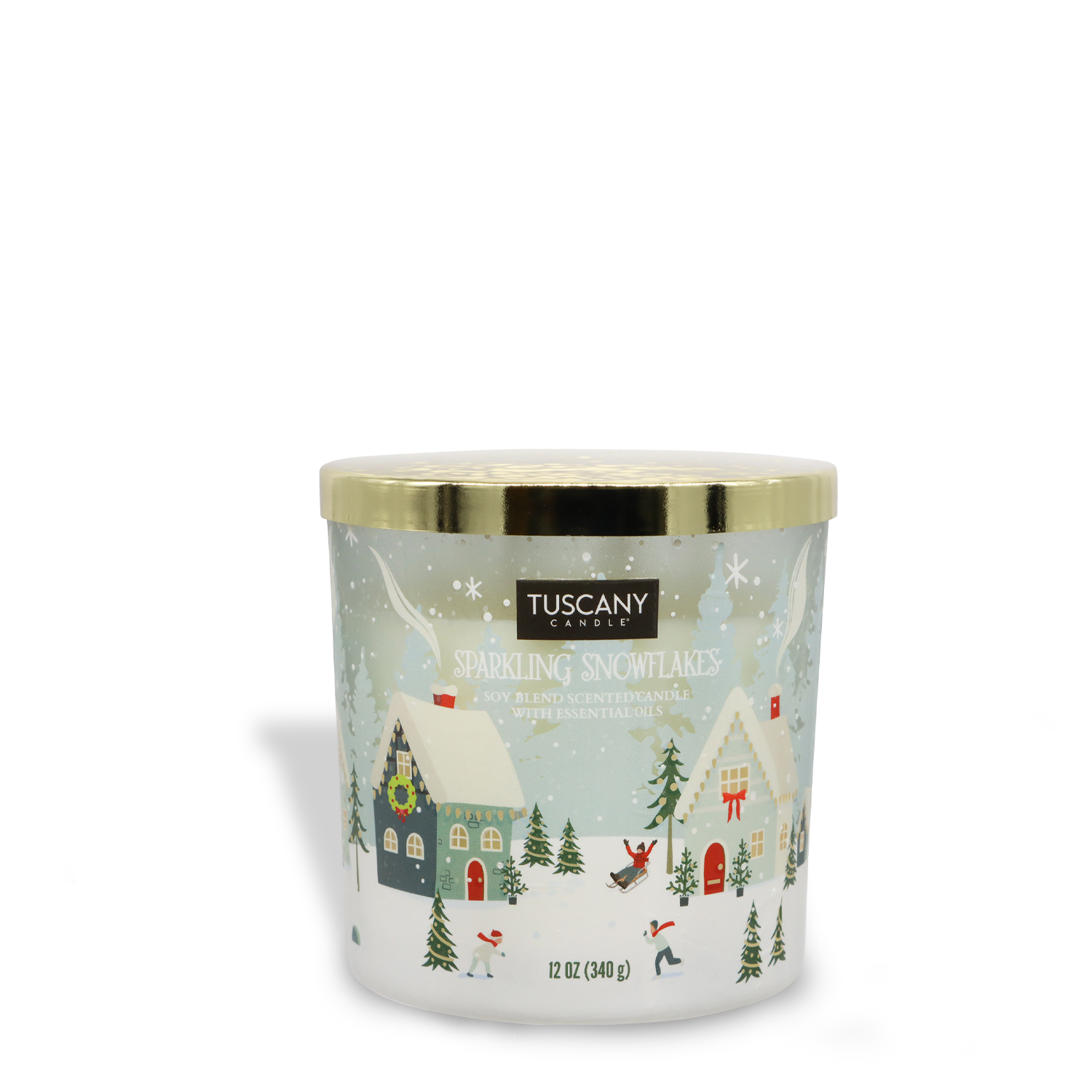 A 12 oz scented jar candle labeled "Sparkling Snowflakes" by Tuscany Candle® SEASONAL, featuring a design with snowy houses and people, and adorned with a gold lid.