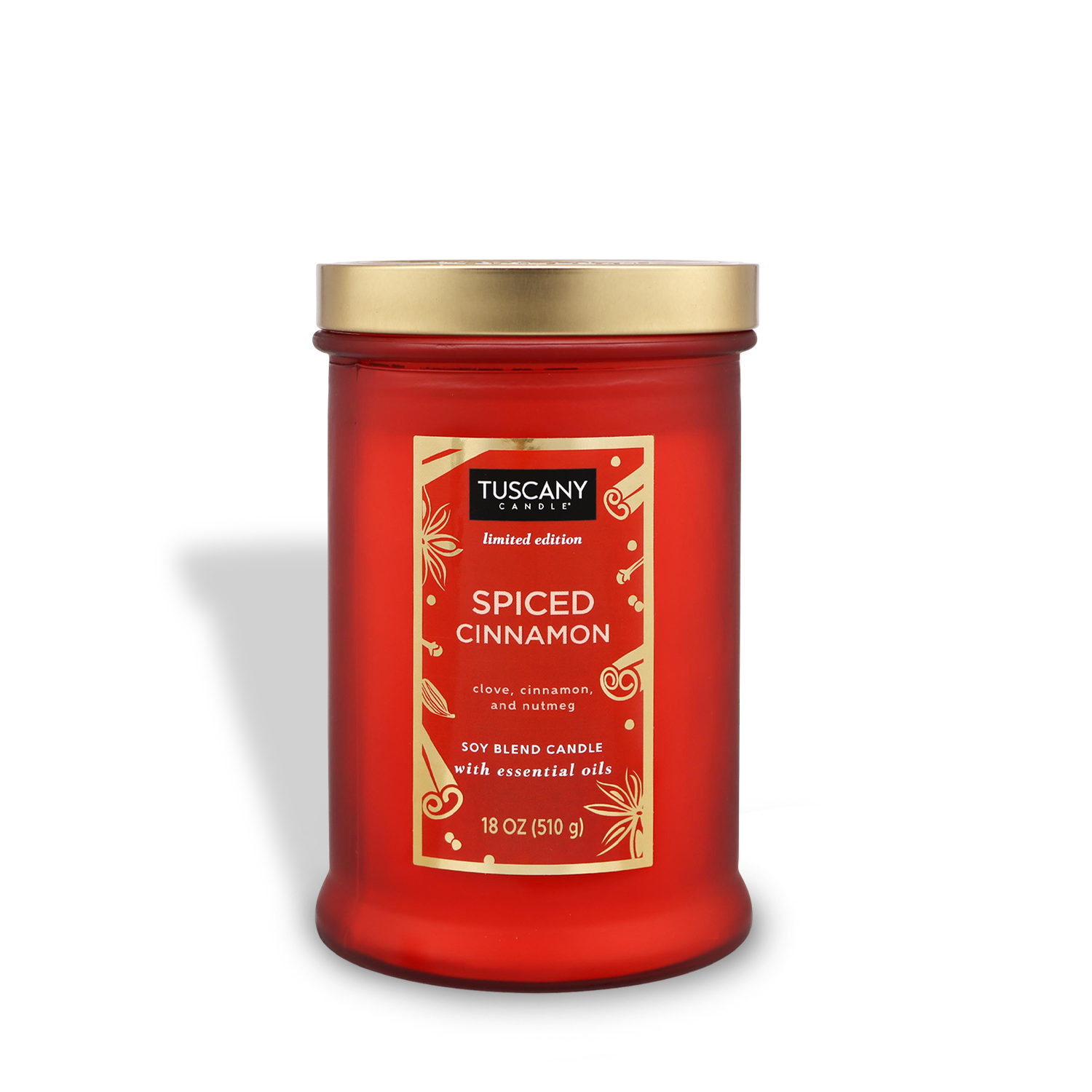 A red jar candle from the "Winter Reverie Collection" by Tuscany Candle® SEASONAL, labeled as "Spiced Cinnamon Scented Jar Candle," includes a blend of clove, cinnamon, and nutmeg. It weighs 18 oz (510 g).