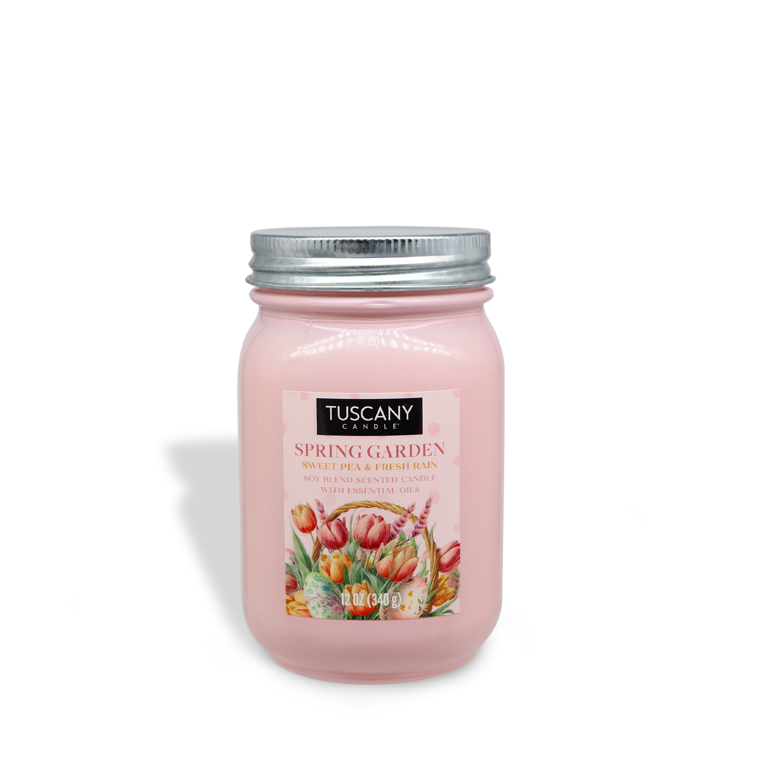 A pink Tuscany Candle® SEASONAL jar with a silver lid, labeled "Spring Garden: Rain & Sweet Pea Scented Easter Candle (12 oz)," features floral imagery.