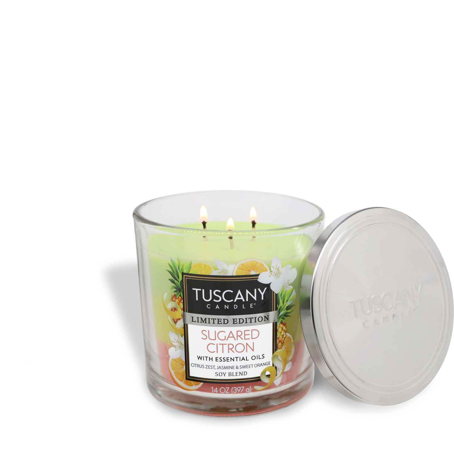 A lit Tuscany Candle® SEASONAL in a glass jar with a silver lid showcases the "Sugared Citron: Sweet Melon Scented Spring Candle" (14 oz), highlighting citrus essential oils, sweet florals, and champagne notes.