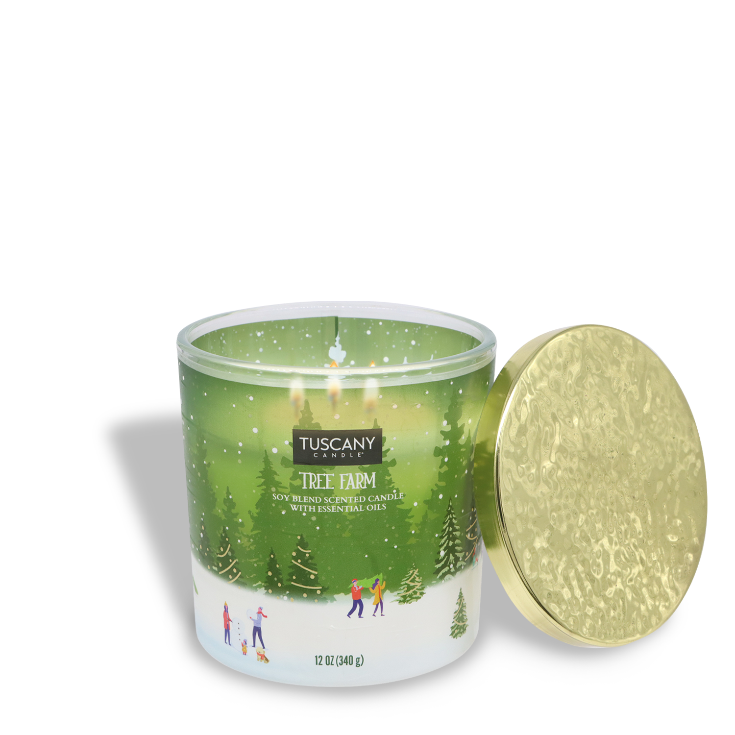 Unseal the Tree Farm Scented Jar Candle (12 oz) by Tuscany Candle® SEASONAL, adorned with a gold lid and a festive illustration depicting people skiing among trees.