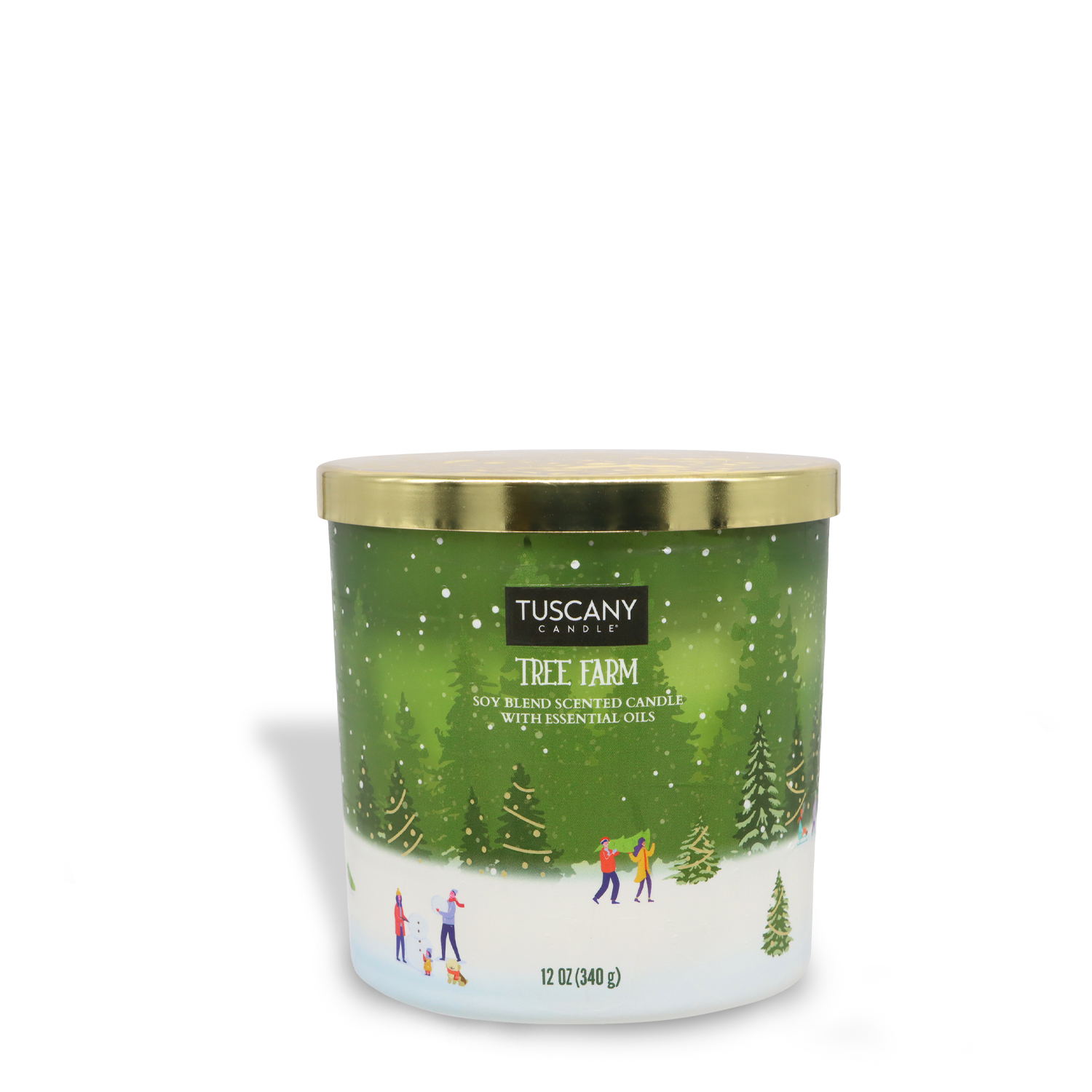 The candle is a green jar featuring a gold lid, labeled "Tuscany Candle® SEASONAL - Tree Farm." It is adorned with a winter scene depicting skaters, trees, and snow. The jar holds 12 oz (340 g) of soy blend wax scented with essential oils.