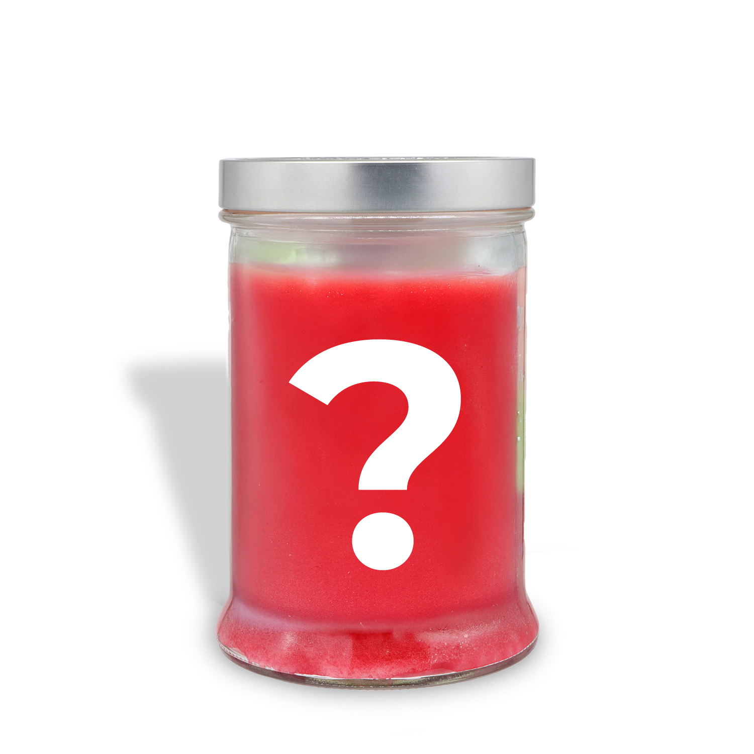 The Tuscany Candle® DIGITAL Free 18 oz Holiday Candle (scent will vary) comes in a clear glass jar with red wax, a metal lid, and a large white question mark on the front—ideal for promotions or as a surprise holiday gift.