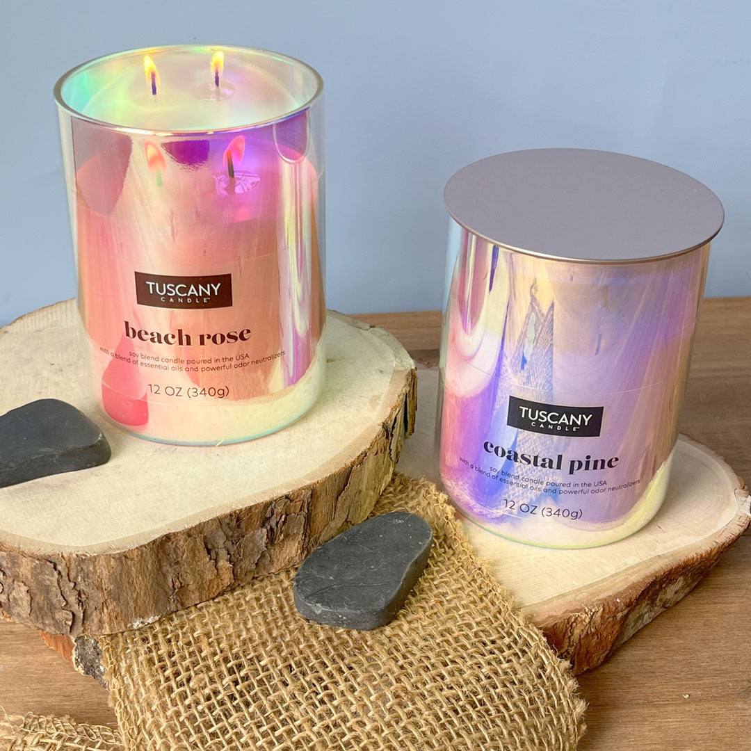 A still life photo of Beach Rose, an odor eliminating scented candle from Tuscany Candle's Serene Clean® collection of scented candles and wax melt bars