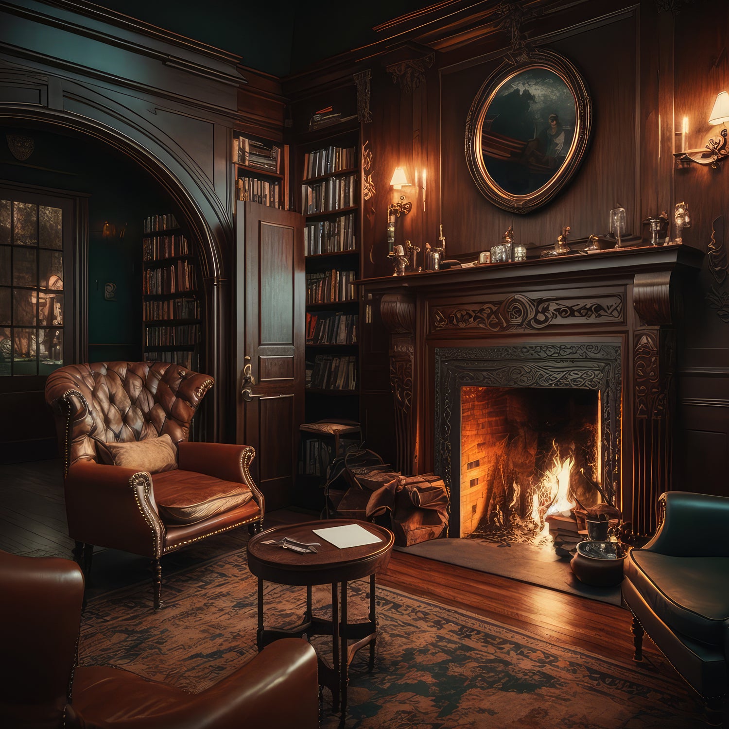 A roaring fire in a wood-paneled library room - inspiration for the masculine scented candle "Bronzed Fireside" from Tuscany Candle