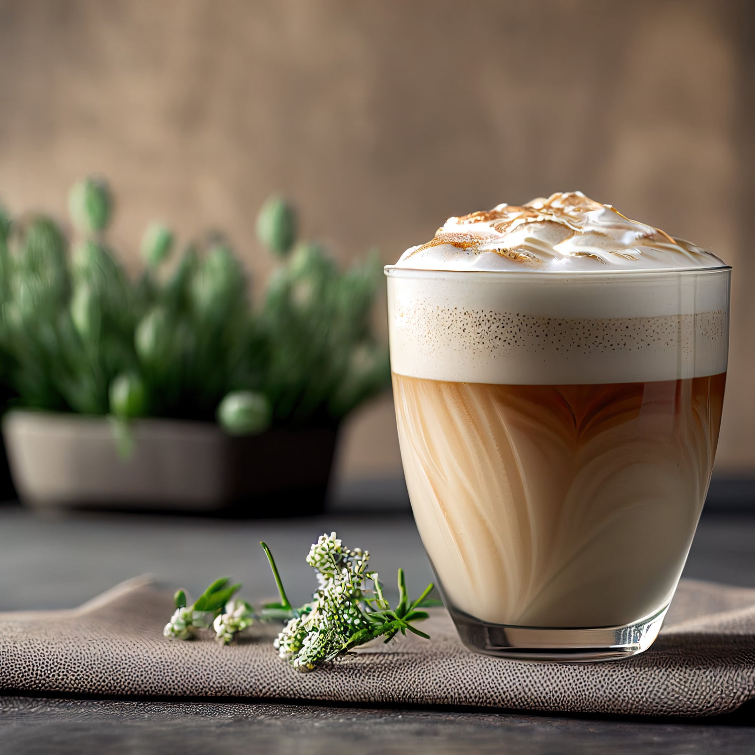 A cafe au lait is shown in a glass coffee cup against a muted background. This flavor is evoked in Tuscany Candle's  "Cafe au Lait" scented candle