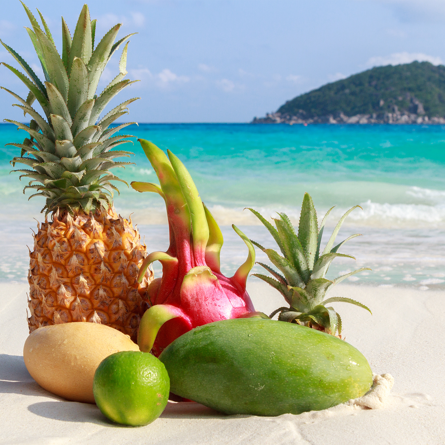Pineapple and tropical fruit at a beach - inspiration for our "coconut colada" wax melt snap bar