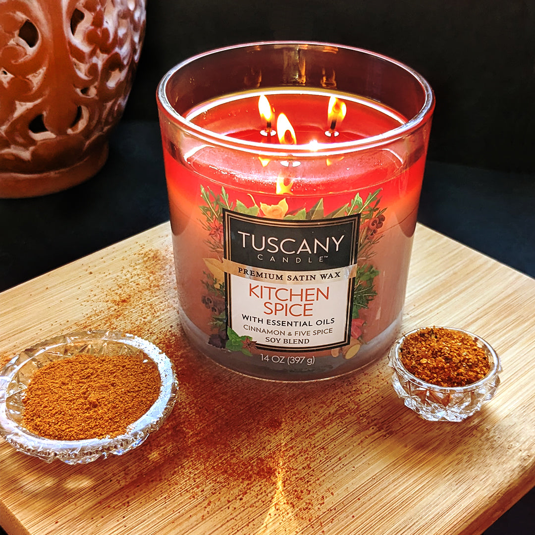 Tuscany Candle Kitchen Spice Long-Lasting Scented Jar Candle (14 oz) with fragrance notes.