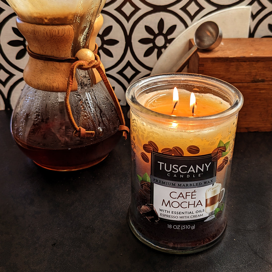 Tuscany Cafe Mocha Long-Lasting Scented Jar Candle (18 oz) infused with rich espresso aroma.