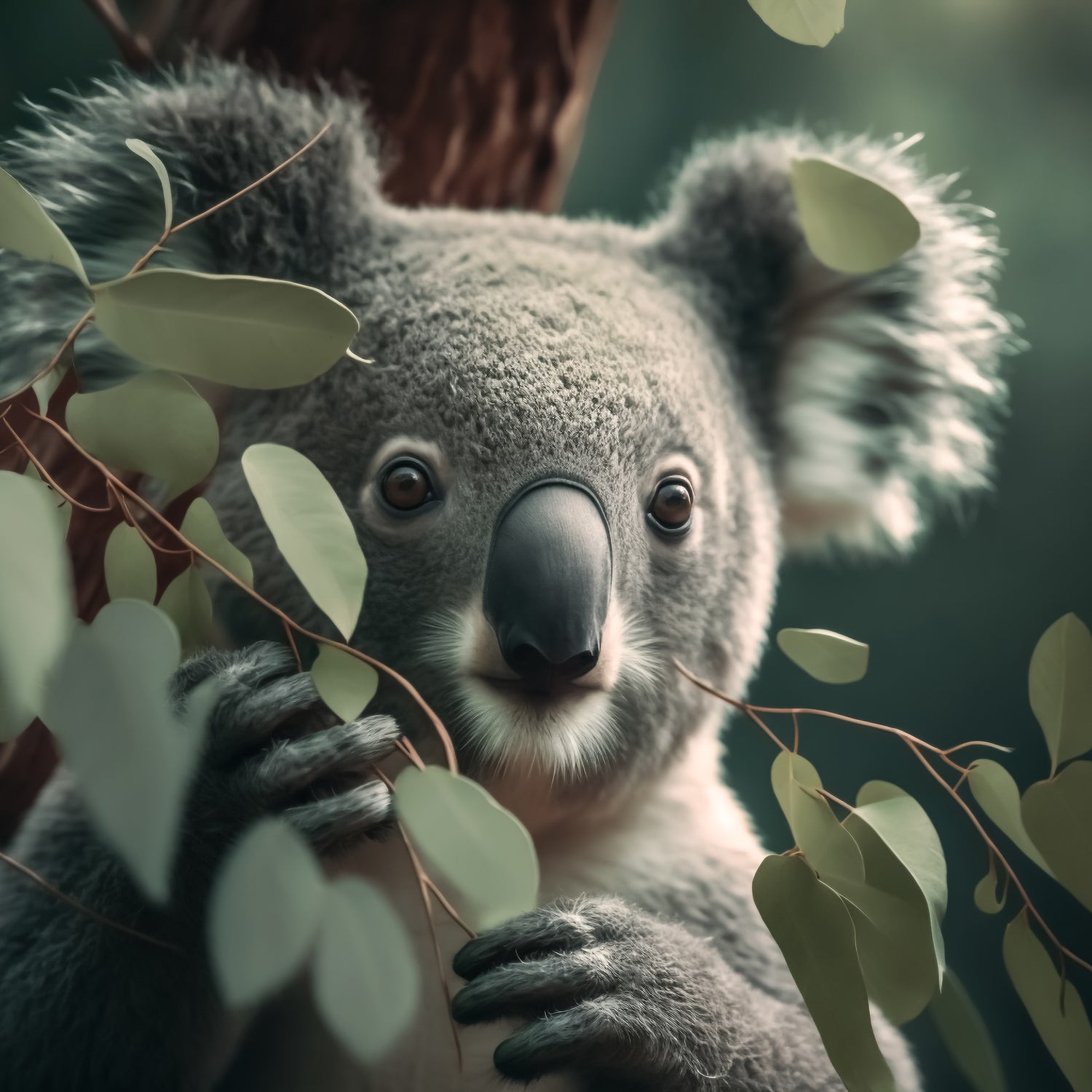 A photo of a koala with eucalyptus leaves. These leaves are one of the core fragrances in the fresh-smelling "eucalyptus Mint" candle from Tuscany Candle