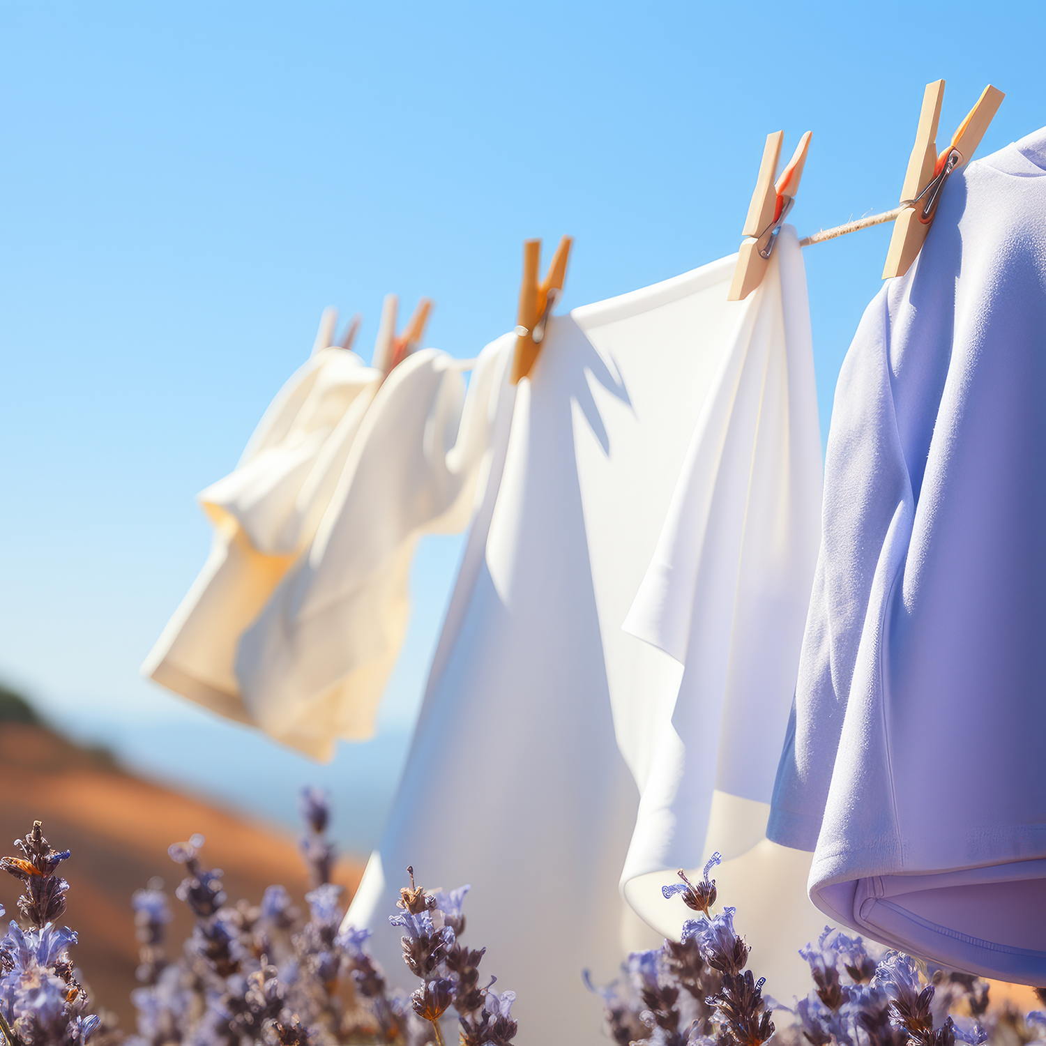 Clothes hanging on a clothesline in a Tuscany Candle® SEASONAL Lavender Linen Long-Lasting Scented Jar Candle (18 oz) field.
